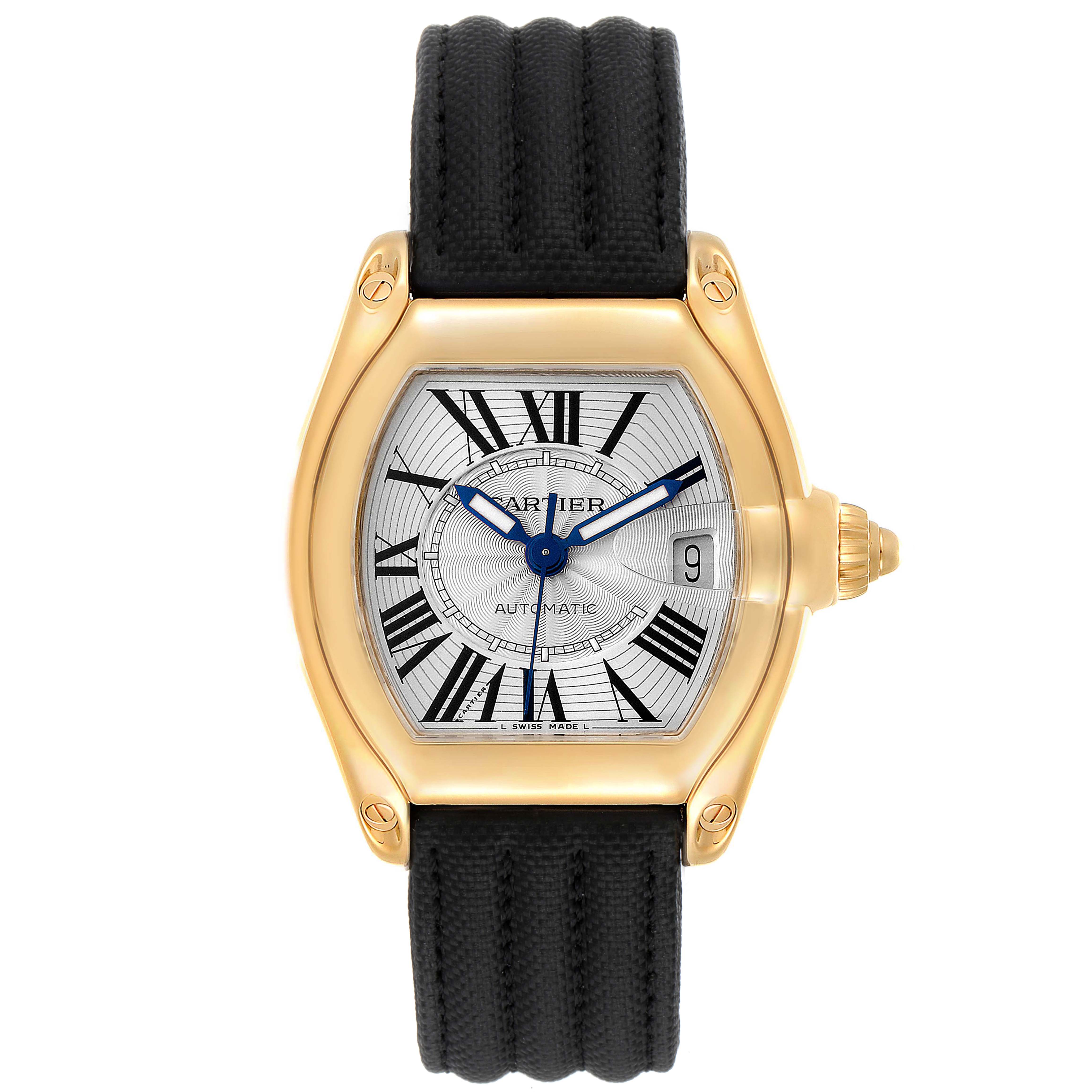 This image shows a front view of the Cartier Roadster W62005V2 Men's Yellow Gold Silver Dial W62005V2 Men's Yellow Gold Silver Dial watch, highlighting its face, dial, and black strap.