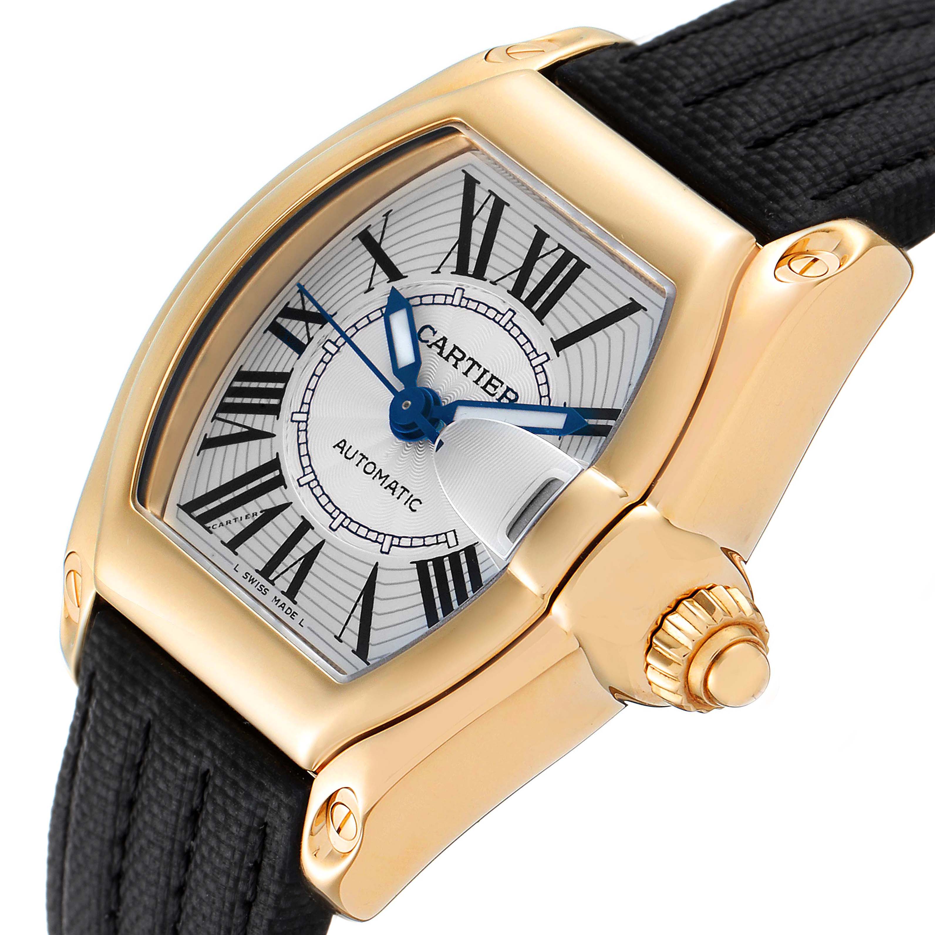 This image shows a close-up, angled view of the Cartier Roadster W62005V2 Men's Yellow Gold Silver Dial W62005V2 Men's Yellow Gold Silver Dial watch, highlighting the dial, case, crown, and part of the strap.