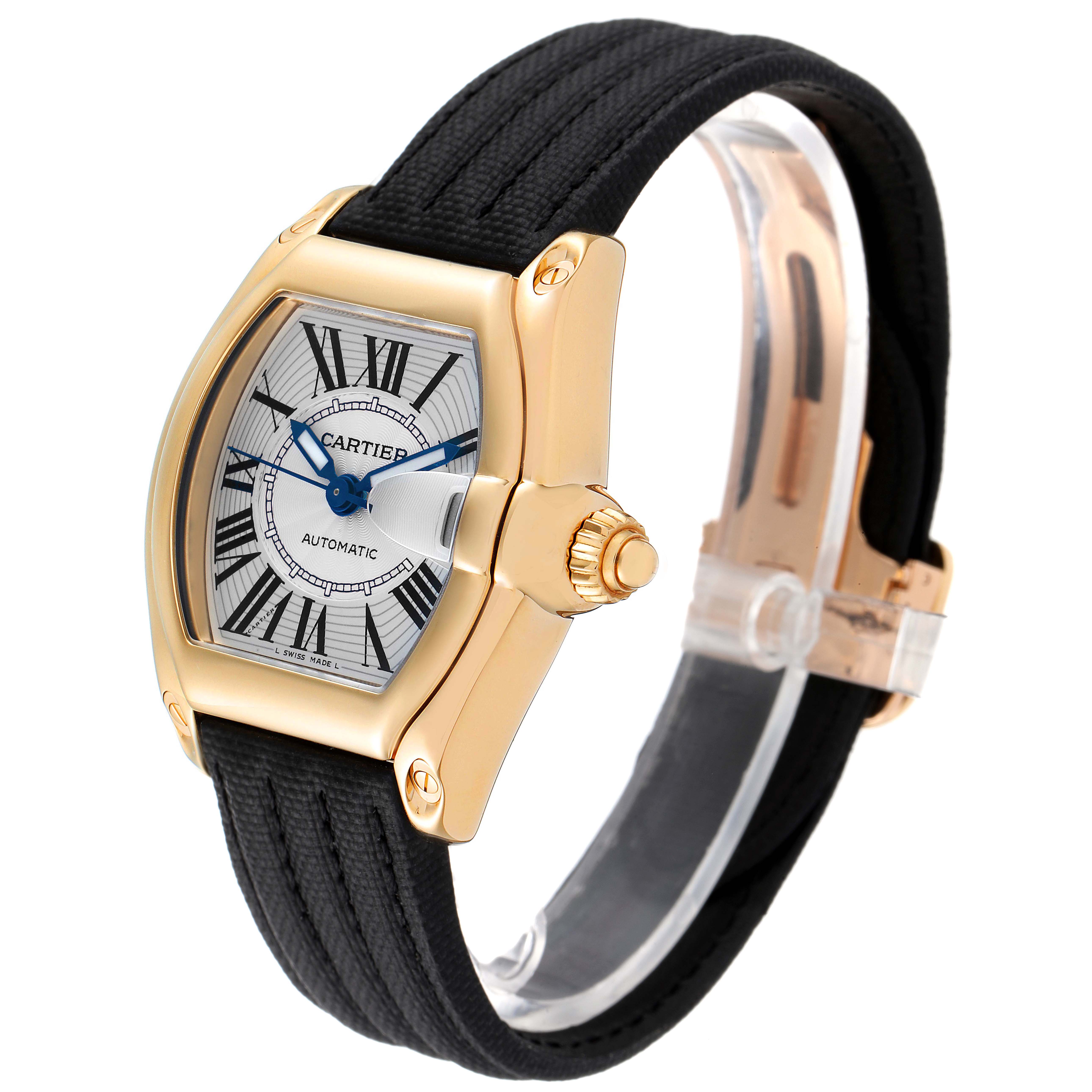 This is a Cartier Roadster W62005V2 Men's Yellow Gold Silver Dial W62005V2 Men's Yellow Gold Silver Dial watch shown at a three-quarter angle, displaying the face, case, crown, and part of the strap.