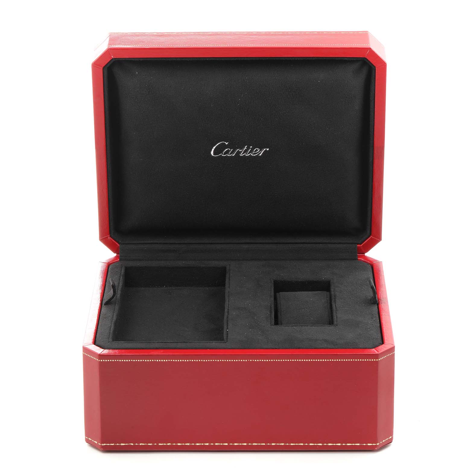 This is an open Cartier Roadster W62005V2 Men's Yellow Gold Silver Dial W62005V2 Men's Yellow Gold Silver Dial watch box showing compartments for the watch and accessories.