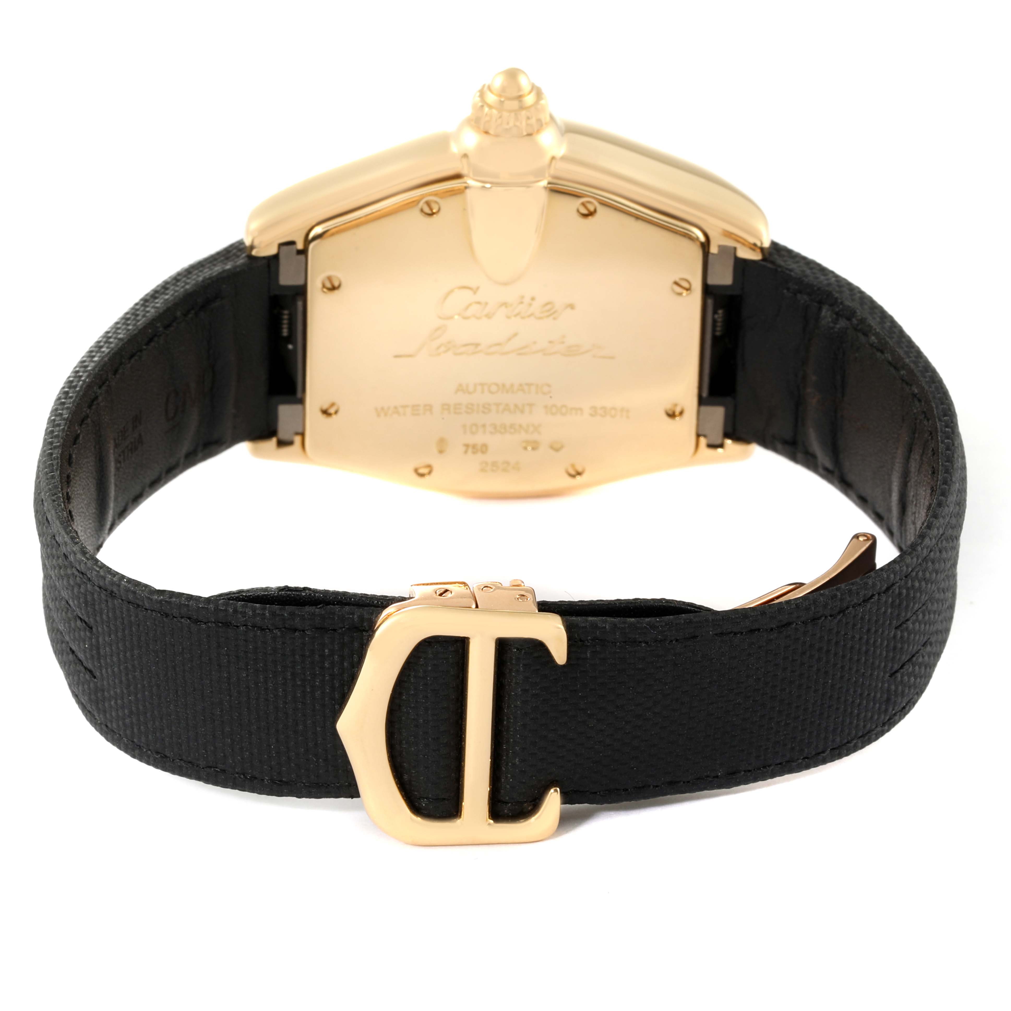 The image shows the back of a Cartier Roadster W62005V2 Men's Yellow Gold Silver Dial W62005V2 Men's Yellow Gold Silver Dial watch, highlighting the clasp and case back.