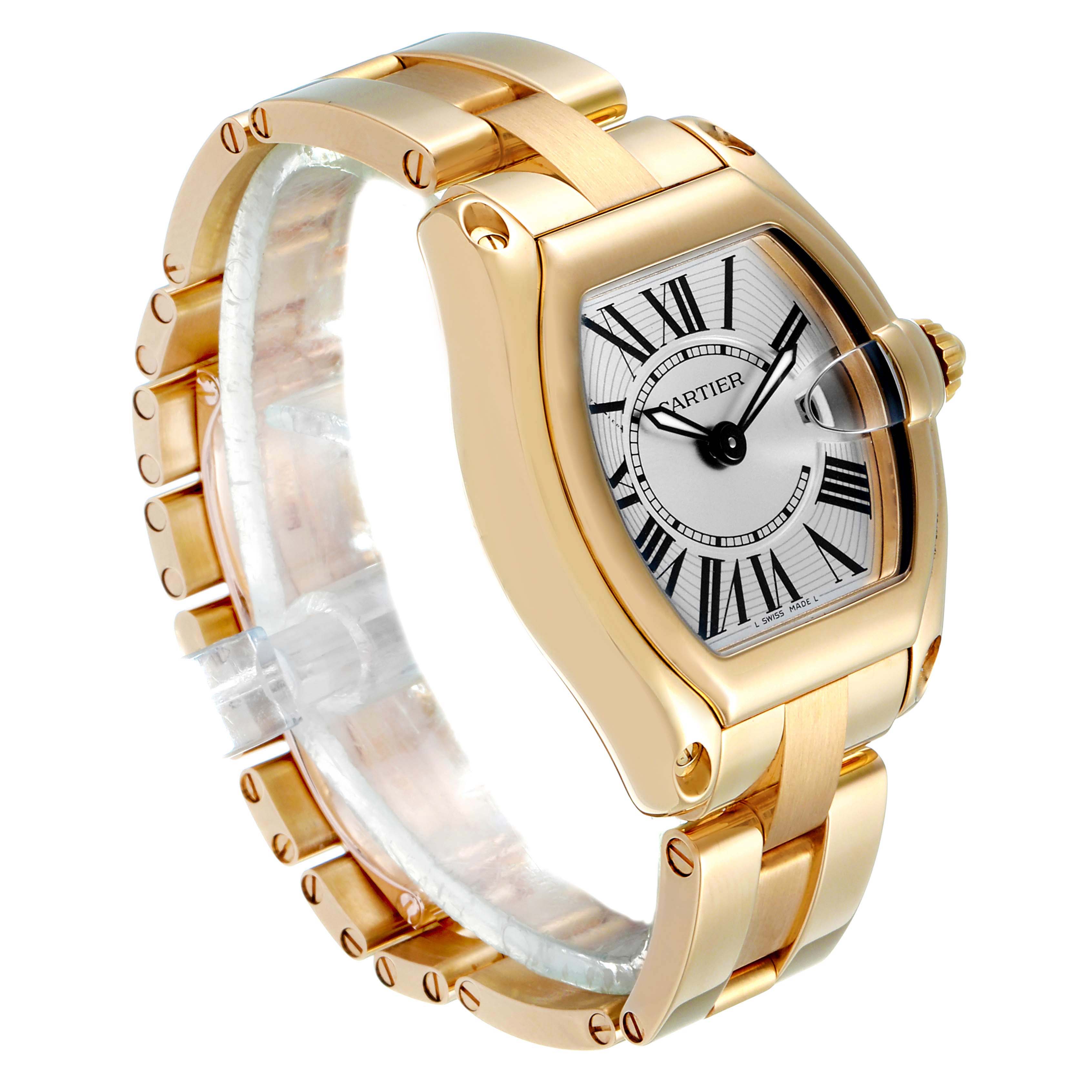 The image shows a Cartier Roadster W62018V1 Women's Yellow Gold Silver Dial W62018V1 Women's Yellow Gold Silver Dial watch, angled to display its gold case, bracelet, and face with Roman numerals.