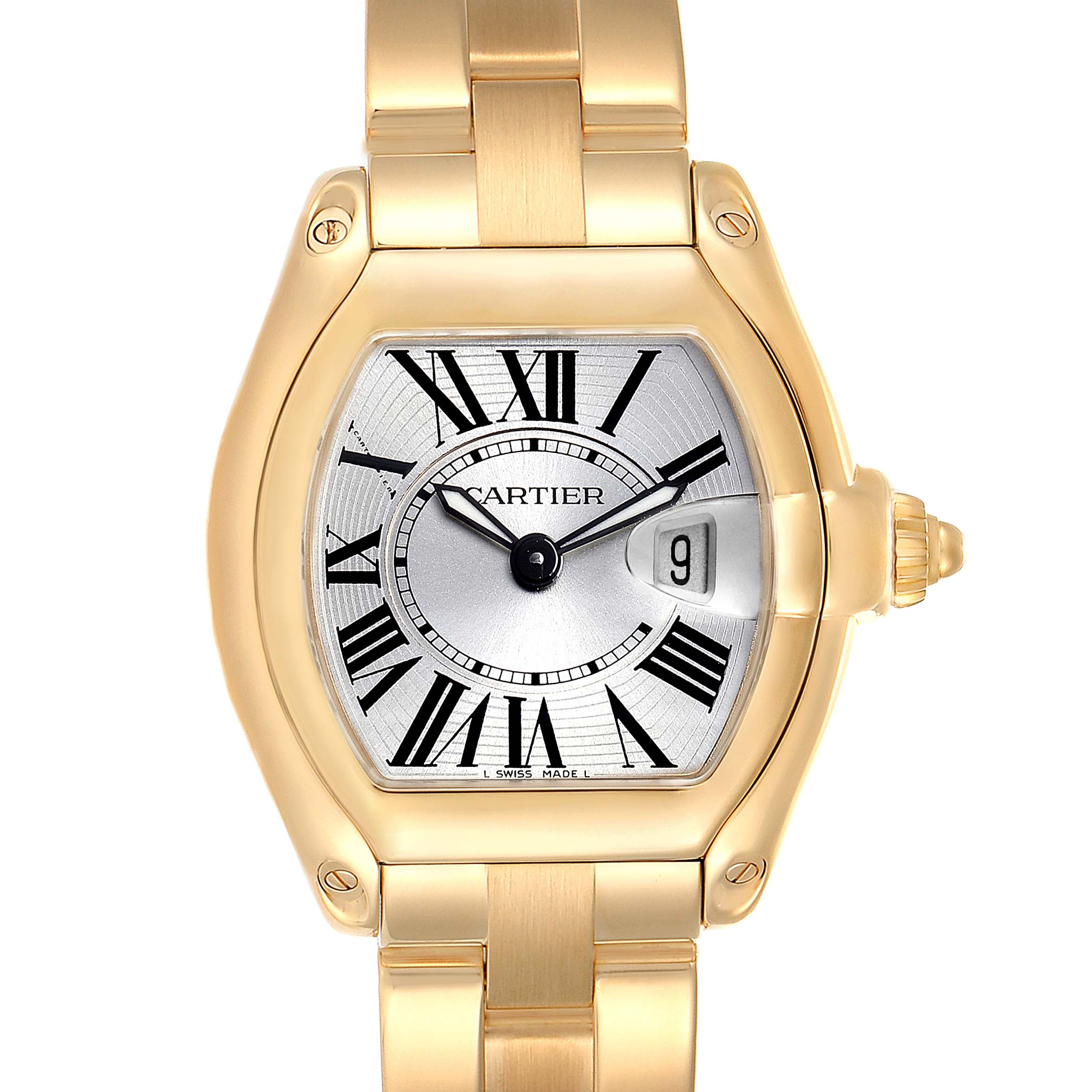 The Cartier Roadster W62018V1 Women's Yellow Gold Silver Dial W62018V1 Women's Yellow Gold Silver Dial watch is shown from a top-down angle, displaying its face, bracelet, and crown.