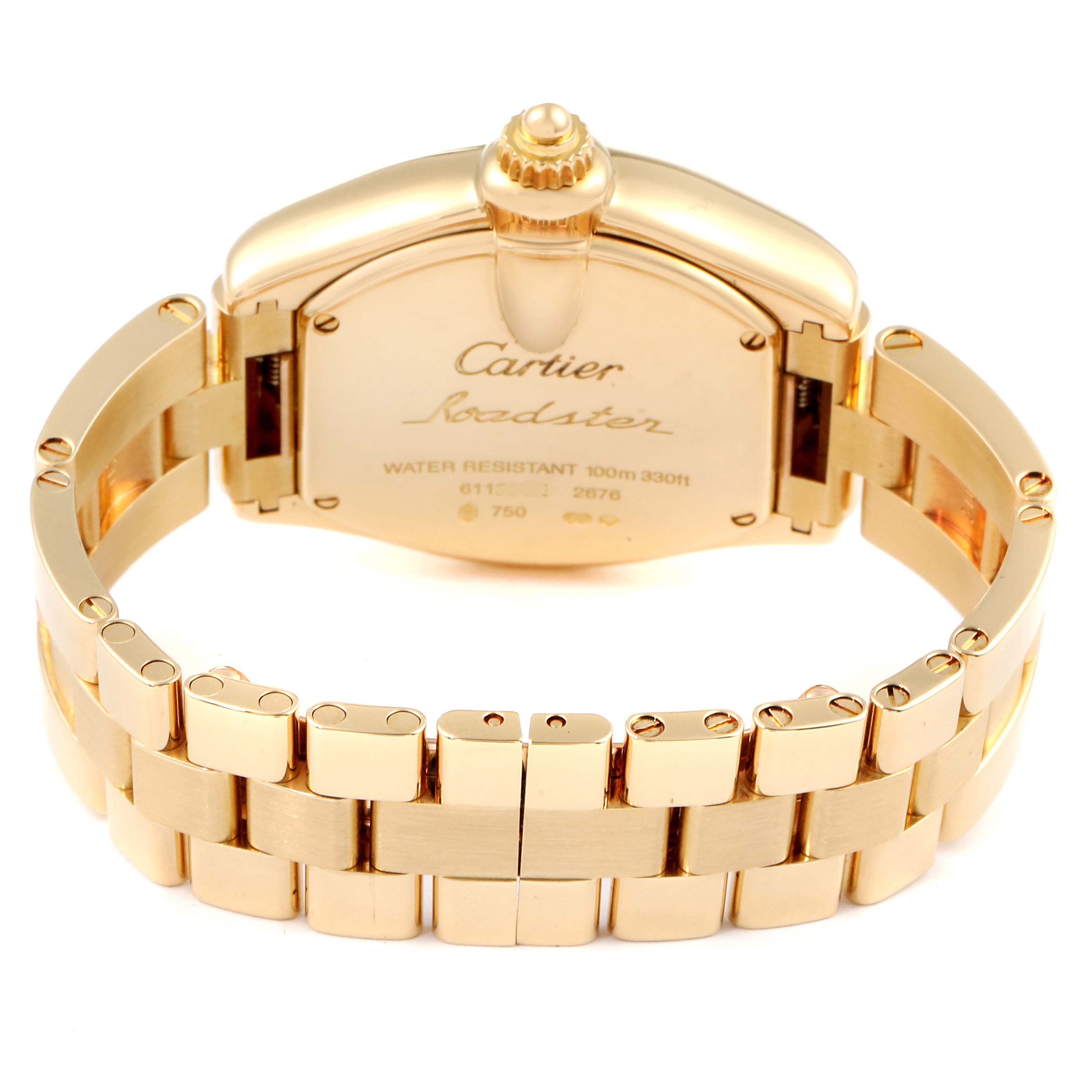 This image shows the back case and bracelet of a Cartier Roadster W62018V1 Women's Yellow Gold Silver Dial W62018V1 Women's Yellow Gold Silver Dial watch, photographed from the rear angle.