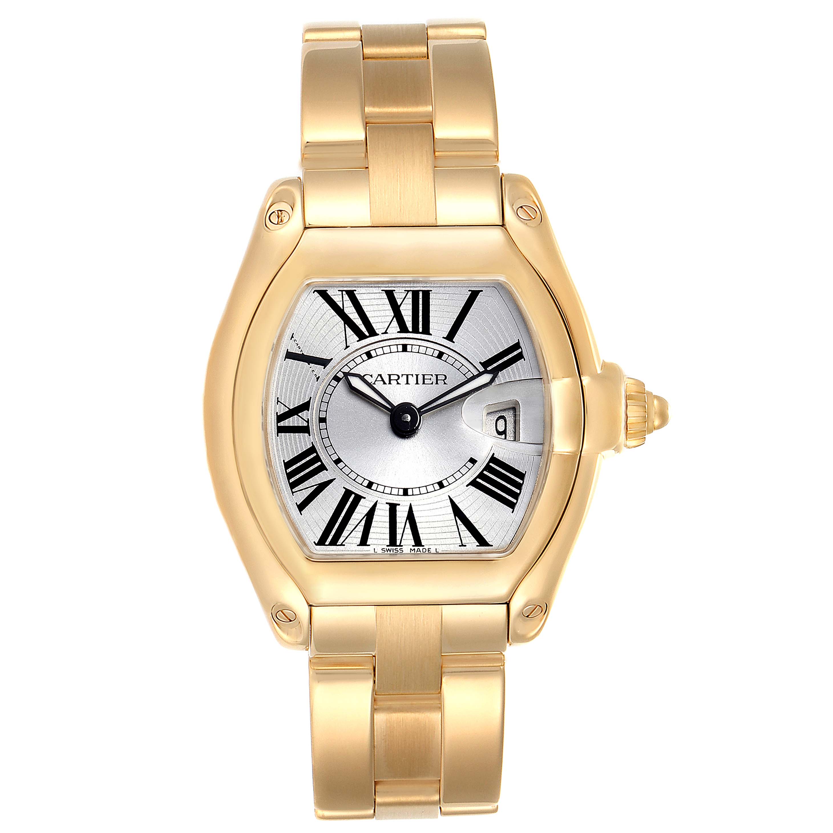 The image shows a frontal view of a Cartier Roadster W62018V1 Women's Yellow Gold Silver Dial W62018V1 Women's Yellow Gold Silver Dial watch, displaying its face, case, and gold bracelet.