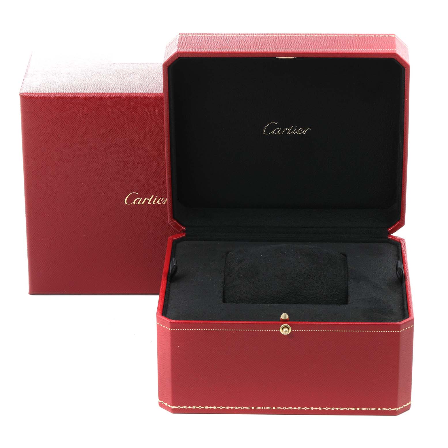This image shows the open red and black presentation box for the Cartier Roadster W62018V1 Women's Yellow Gold Silver Dial W62018V1 Women's Yellow Gold Silver Dial watch.