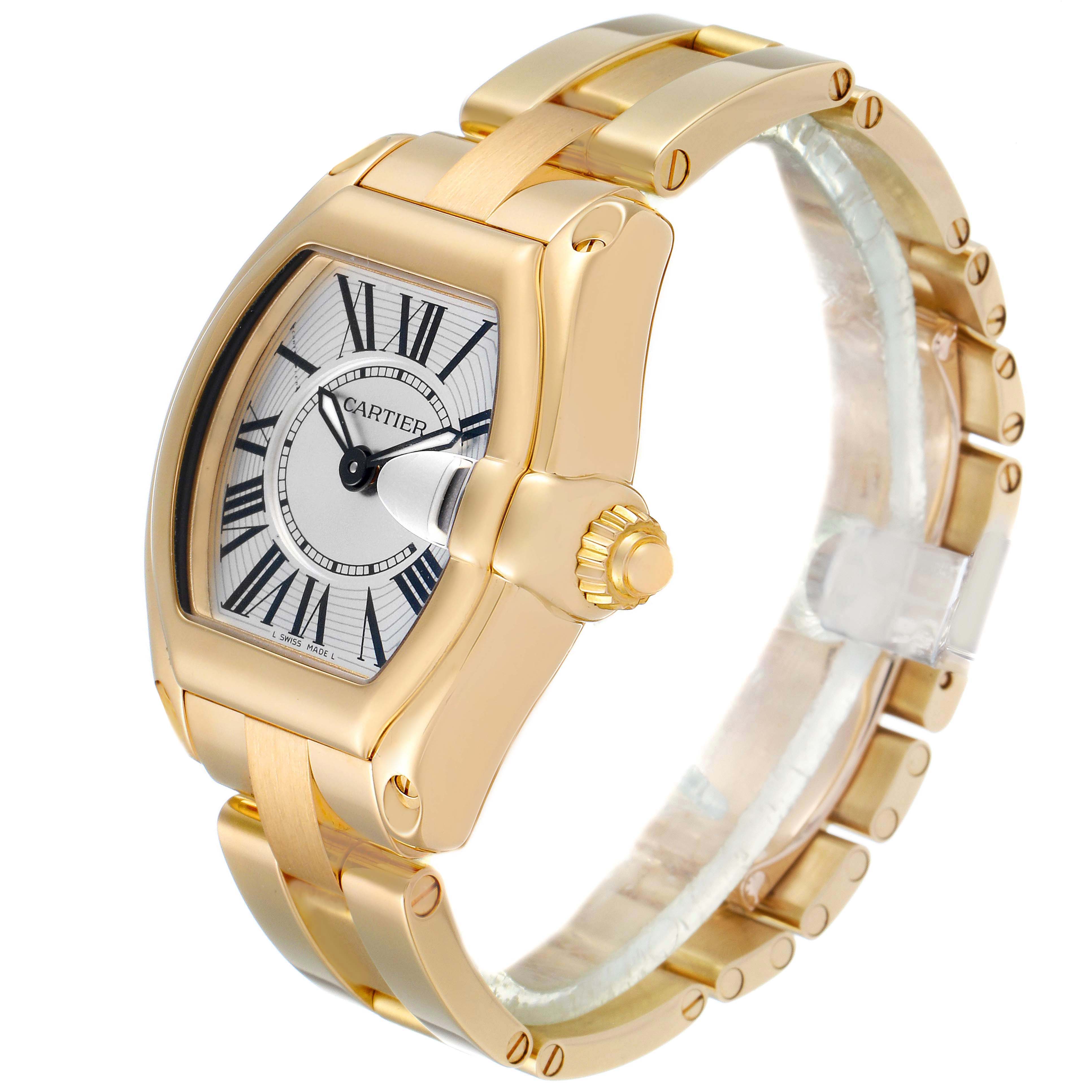 The Cartier Roadster W62018V1 Women's Yellow Gold Silver Dial W62018V1 Women's Yellow Gold Silver Dial watch is shown from an angled side view, highlighting its gold bracelet and crown.