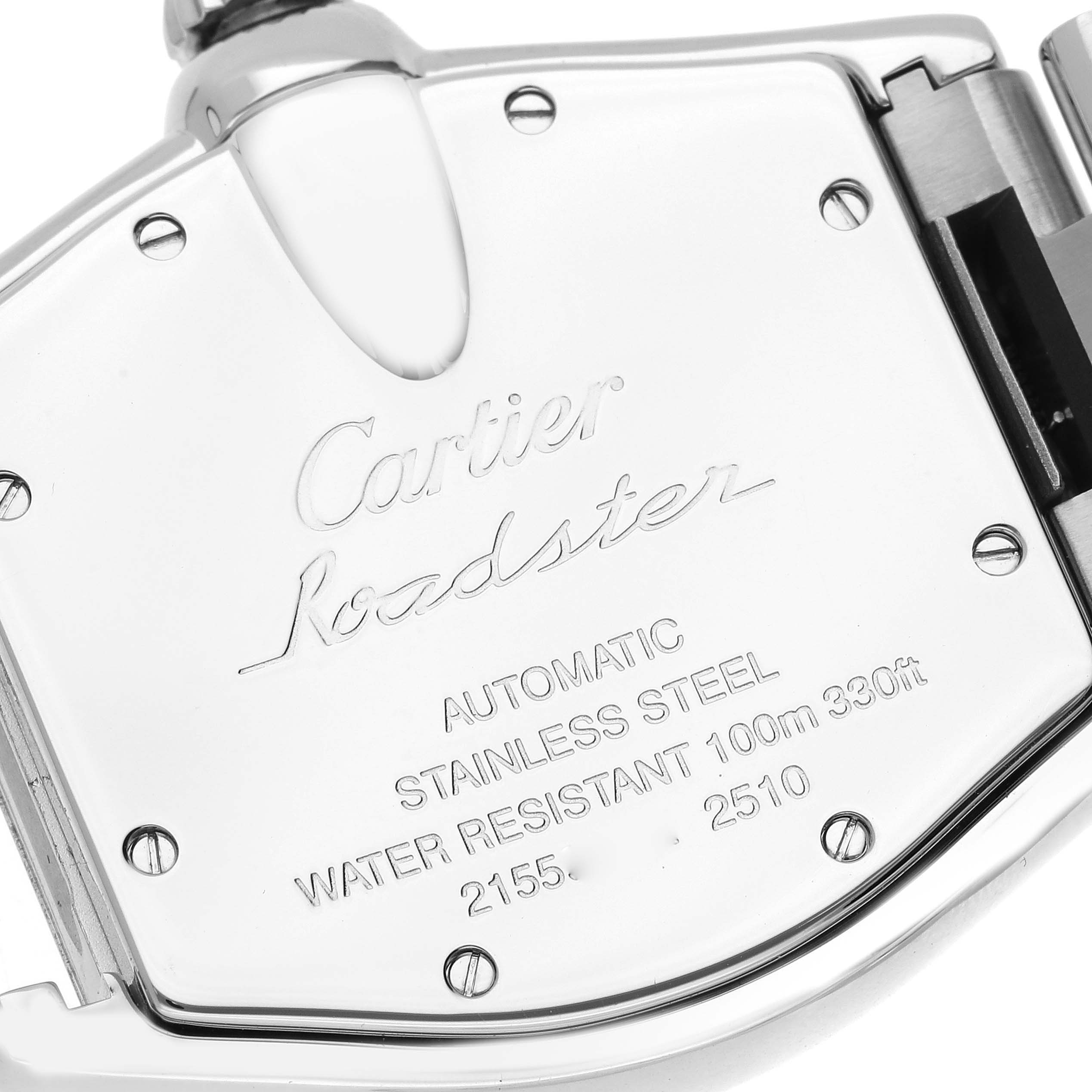 The image shows the backside of a Cartier Roadster W62002V3 Men's Stainless Steel Black Dial W62002V3 Men's Stainless Steel Black Dial watch, highlighting its inscriptions and stainless steel material.
