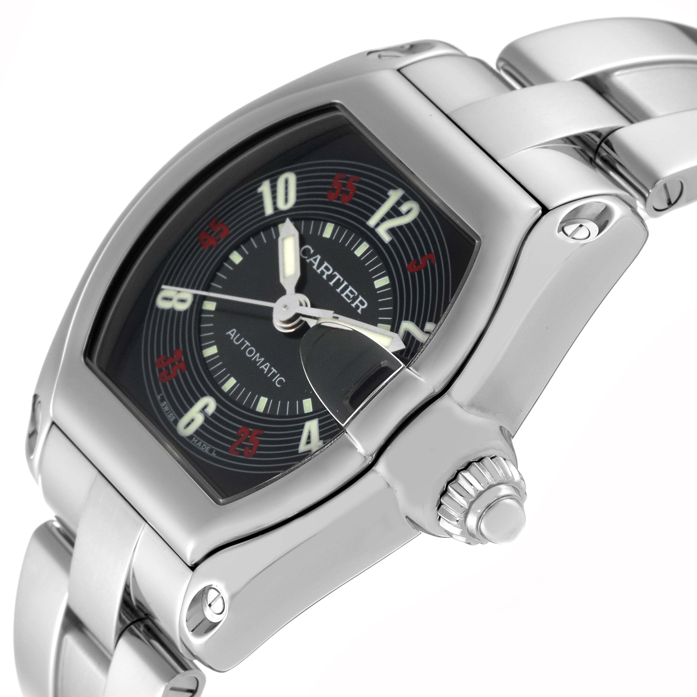 The Cartier Roadster W62002V3 Men's Stainless Steel Black Dial W62002V3 Men's Stainless Steel Black Dial watch is shown from a three-quarter angle, highlighting the dial, crown, and part of the bracelet.