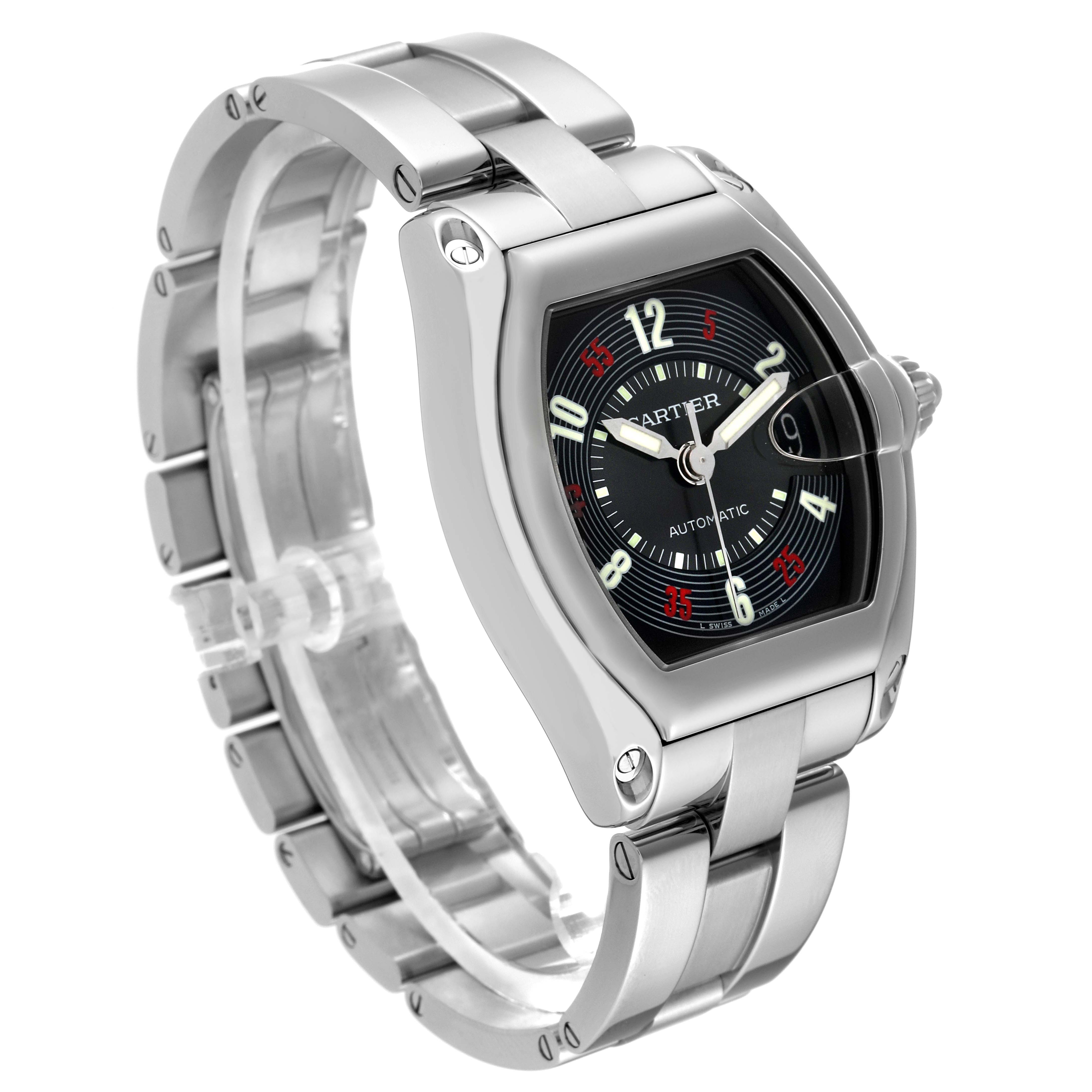 The Cartier Roadster W62002V3 Men's Stainless Steel Black Dial W62002V3 Men's Stainless Steel Black Dial watch is shown at a front-left angle, displaying the face, bezel, bracelet, and lugs.