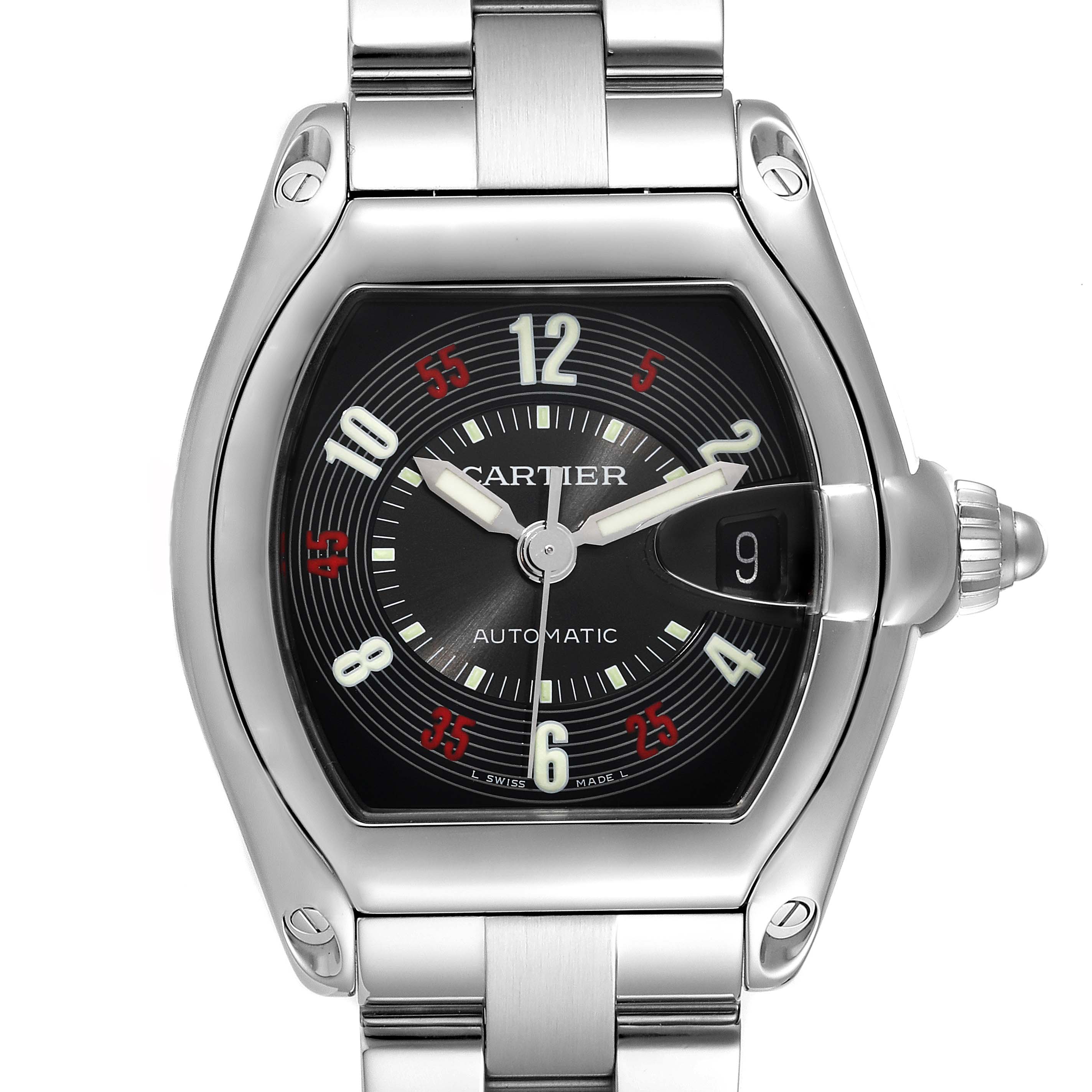 The image shows a close-up of the Cartier Roadster W62002V3 Men's Stainless Steel Black Dial W62002V3 Men's Stainless Steel Black Dial model watch, highlighting its face, bezel, and part of the bracelet.