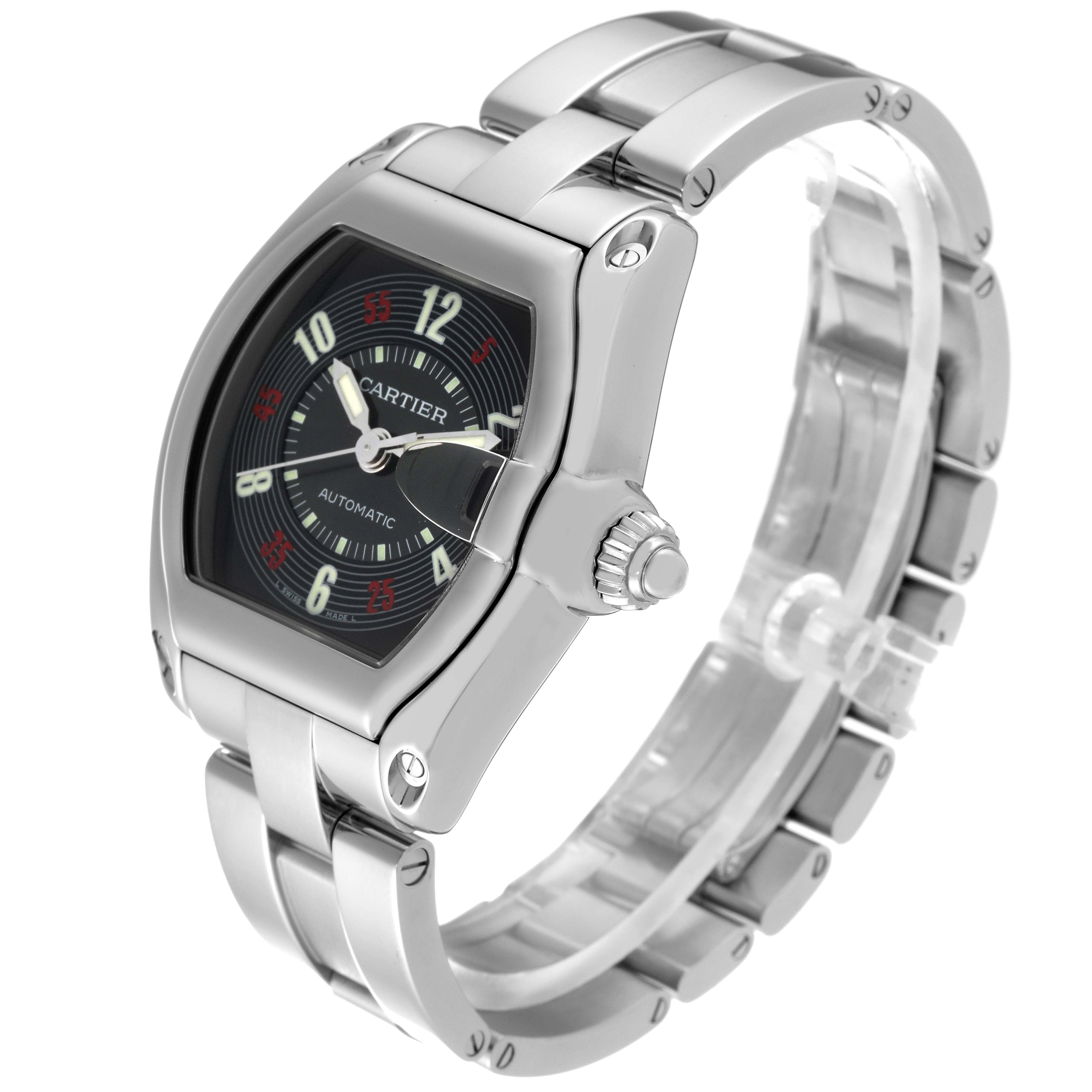 The image shows a Cartier Roadster W62002V3 Men's Stainless Steel Black Dial W62002V3 Men's Stainless Steel Black Dial watch at a slight angle, highlighting its face, case, and band.