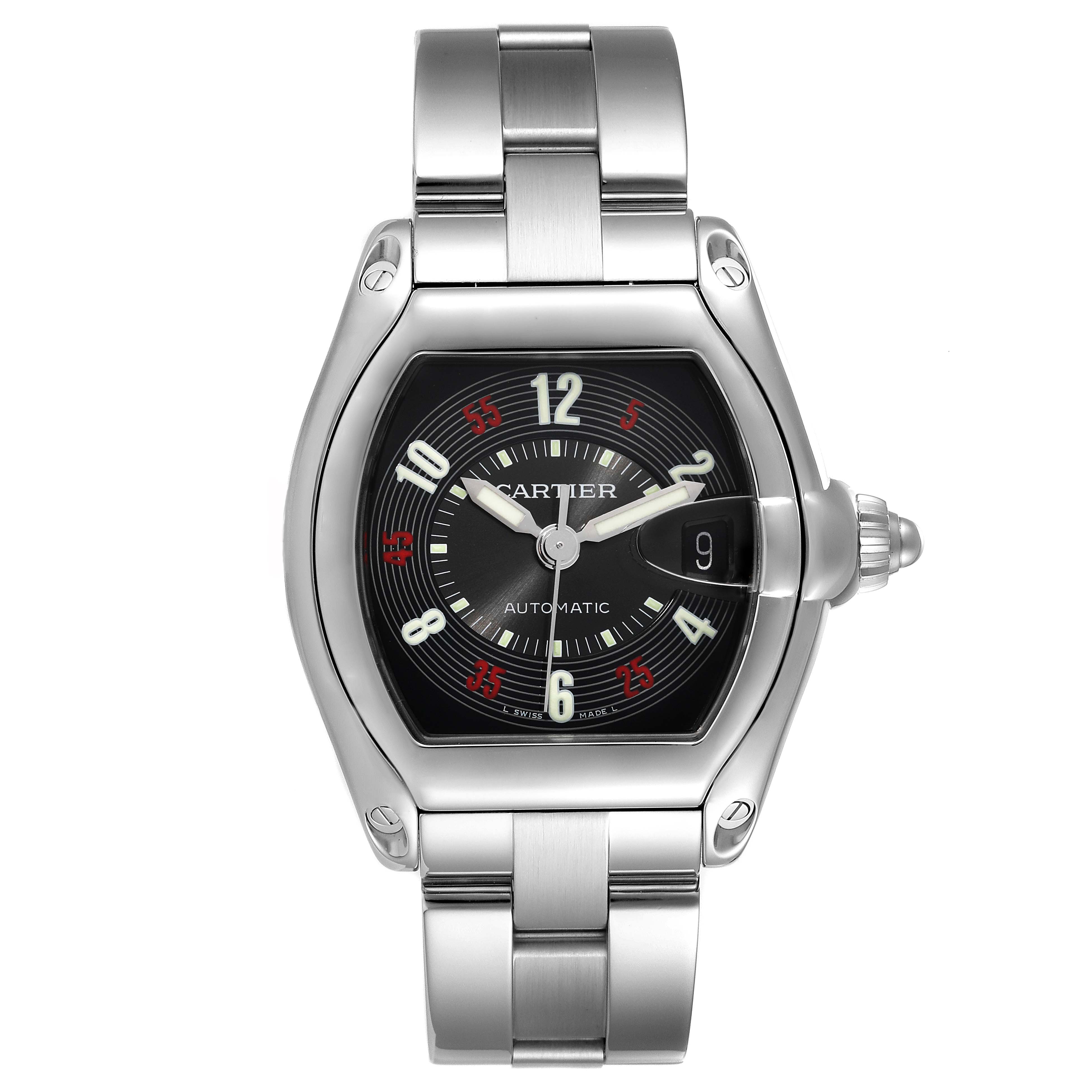 The image shows a front view of the Cartier Roadster W62002V3 Men's Stainless Steel Black Dial W62002V3 Men's Stainless Steel Black Dial model watch, displaying the face, dial, and bracelet.