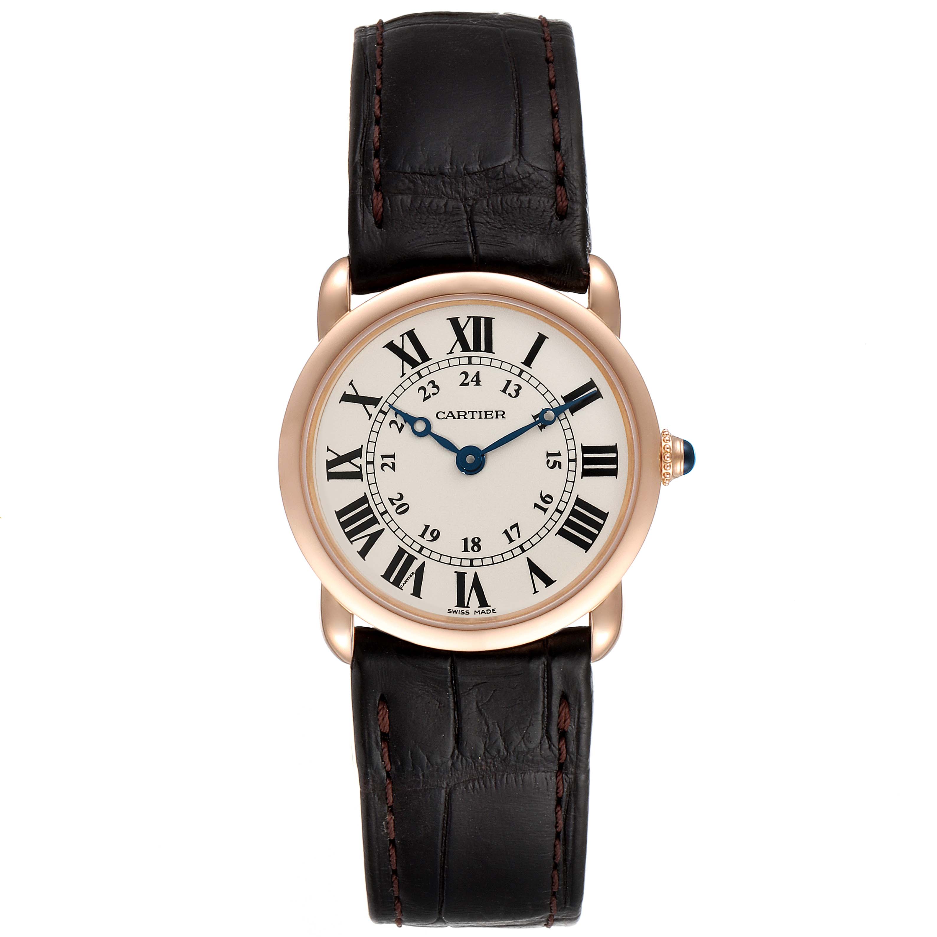 The image shows a Cartier Ronde W6800151 Women's Rose Gold Silver Dial W6800151 Women's Rose Gold Silver Dial watch from a top-down angle, displaying the face, leather strap, and crown.