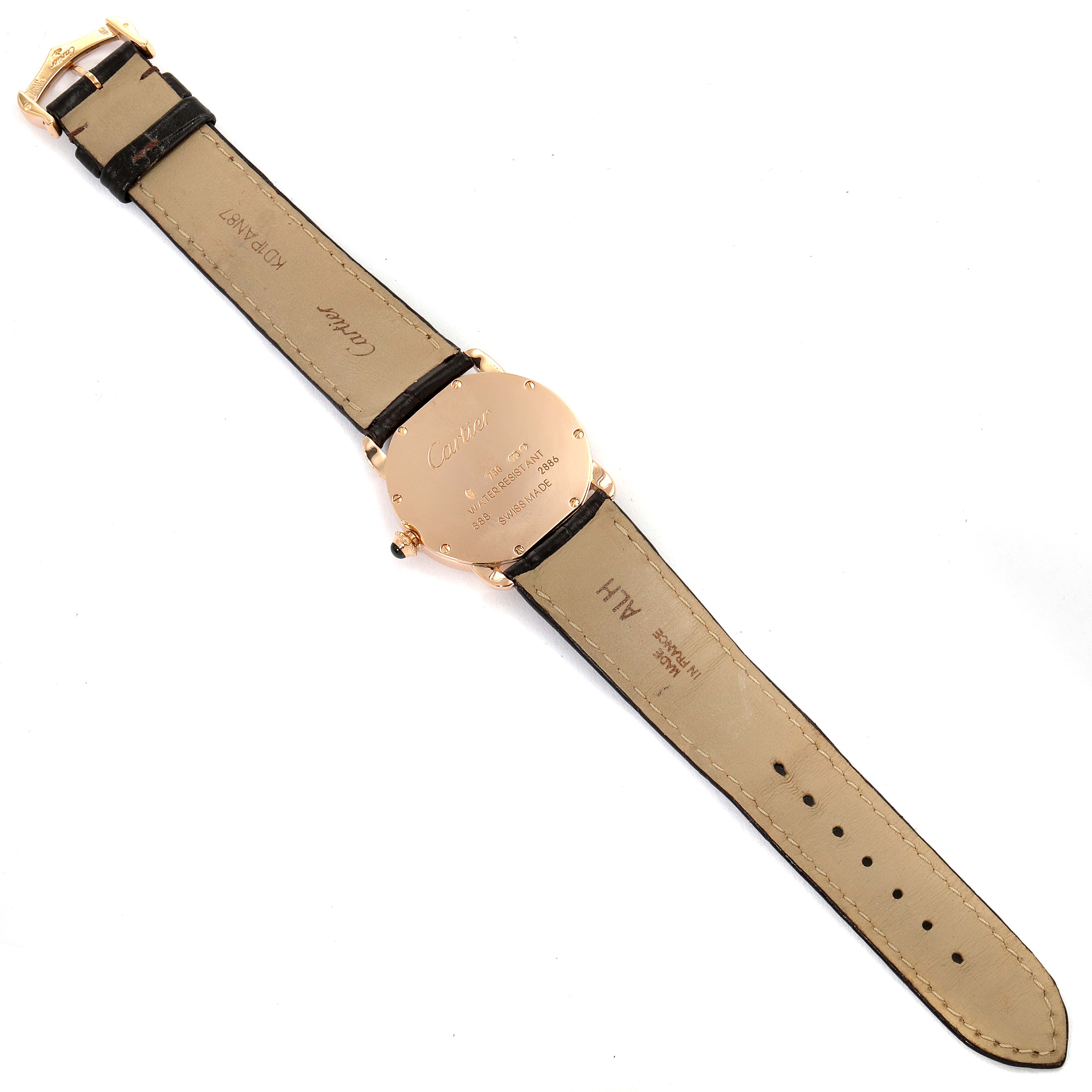 The image shows the back view of a Cartier Ronde W6800151 Women's Rose Gold Silver Dial W6800151 Women's Rose Gold Silver Dial model watch, highlighting the case back and leather straps.