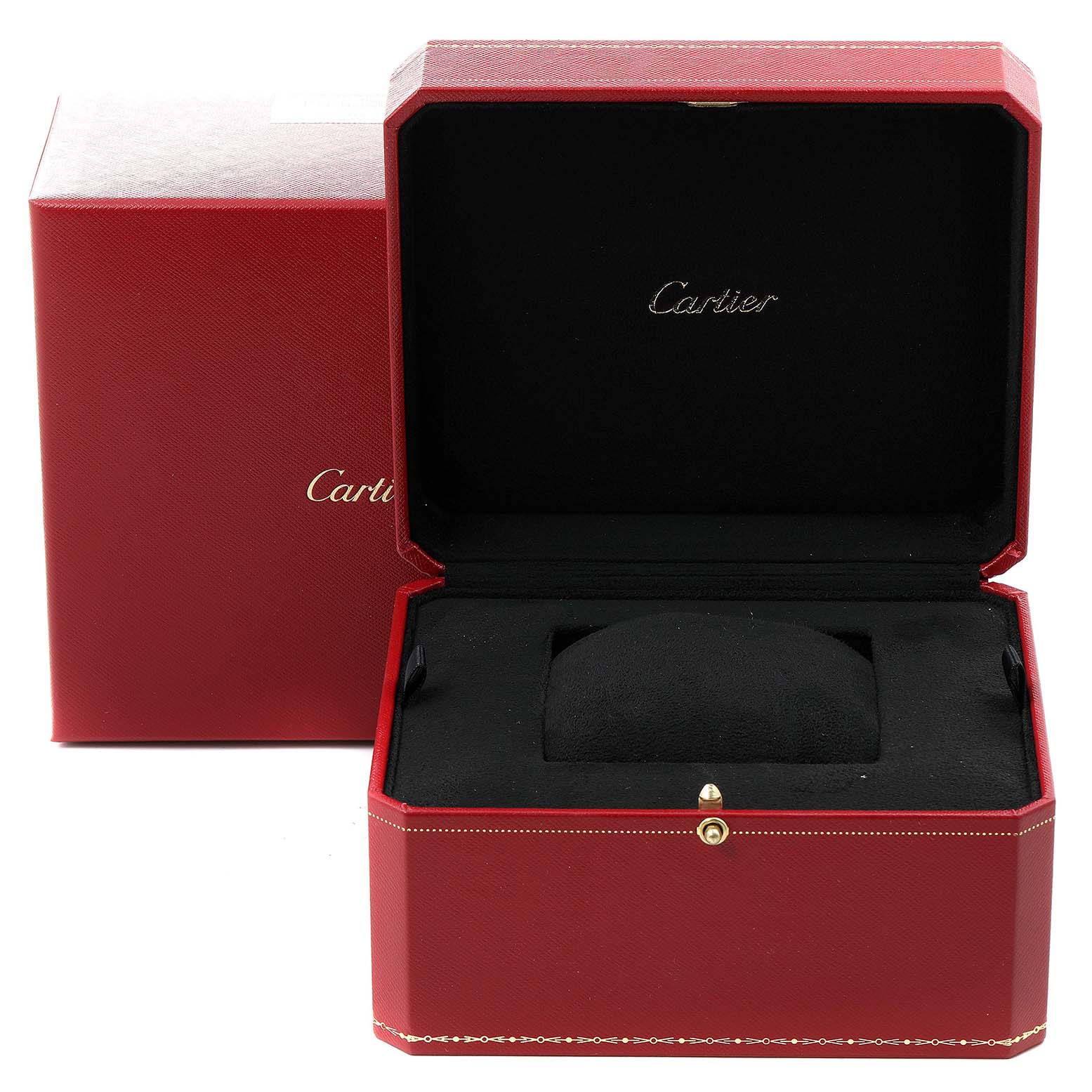 The image shows an open Cartier Ronde W6800151 Women's Rose Gold Silver Dial W6800151 Women's Rose Gold Silver Dial watch box with a black interior and red exterior.