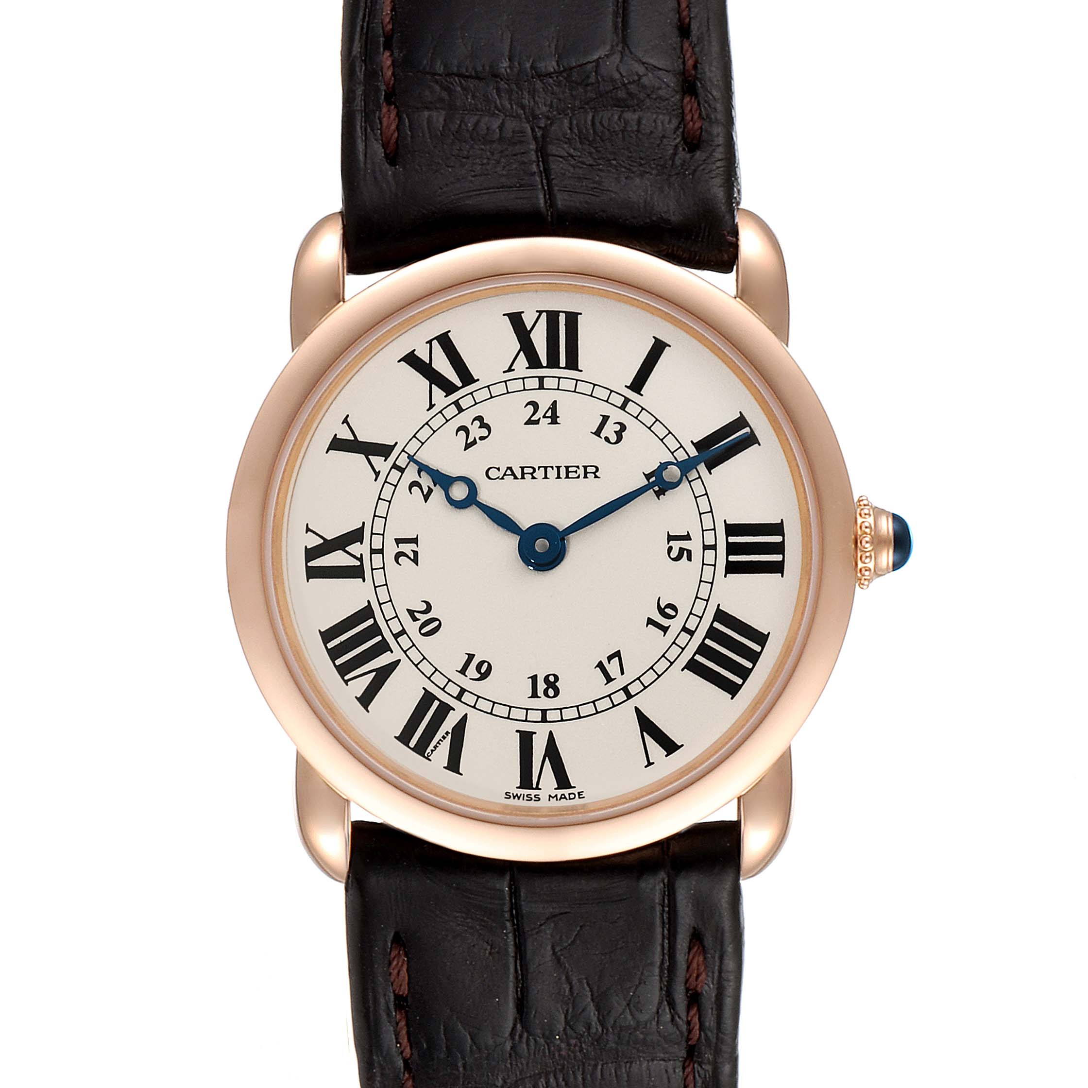 The image shows a front view of the Ronde model by Cartier, featuring a leather strap, Roman numerals, and blue hands.