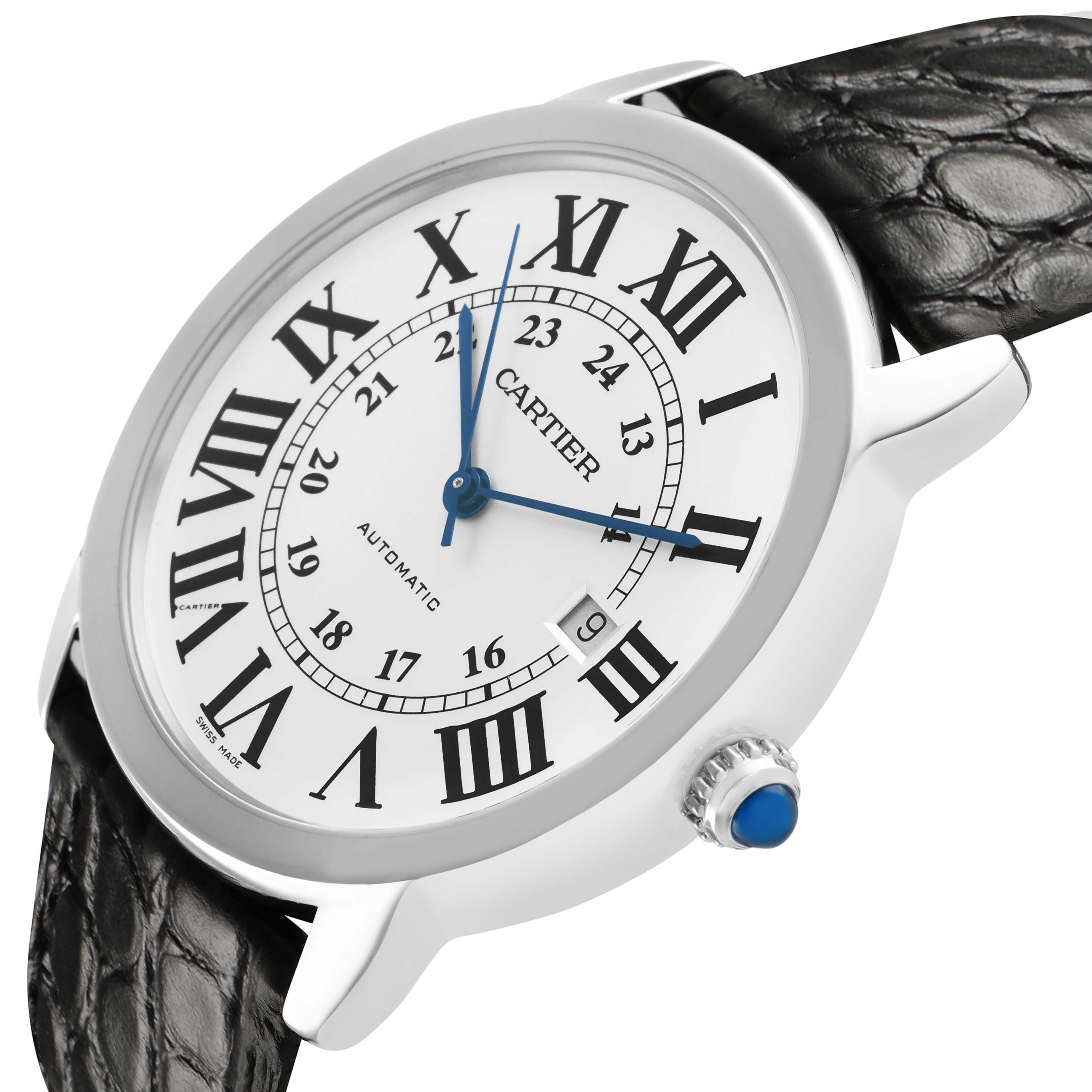 The Cartier Ronde W6701010 Men's Stainless Steel Silver Dial watch is shown in a three-quarter angle, highlighting the dial, crown, and leather strap.