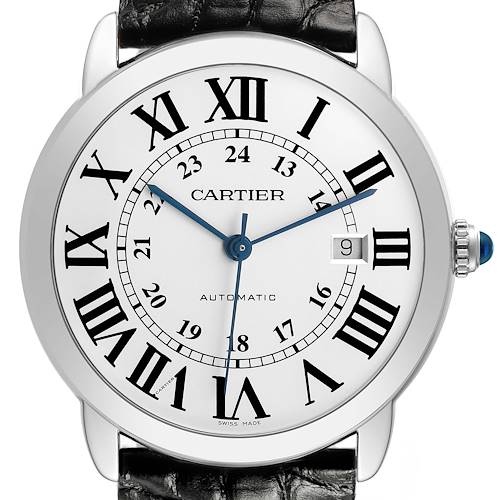 The Cartier Ronde W6701010 Men's Stainless Steel Silver Dial watch is shown from a front angle, displaying its face with Roman numerals, date window, and crown with a blue cabochon.