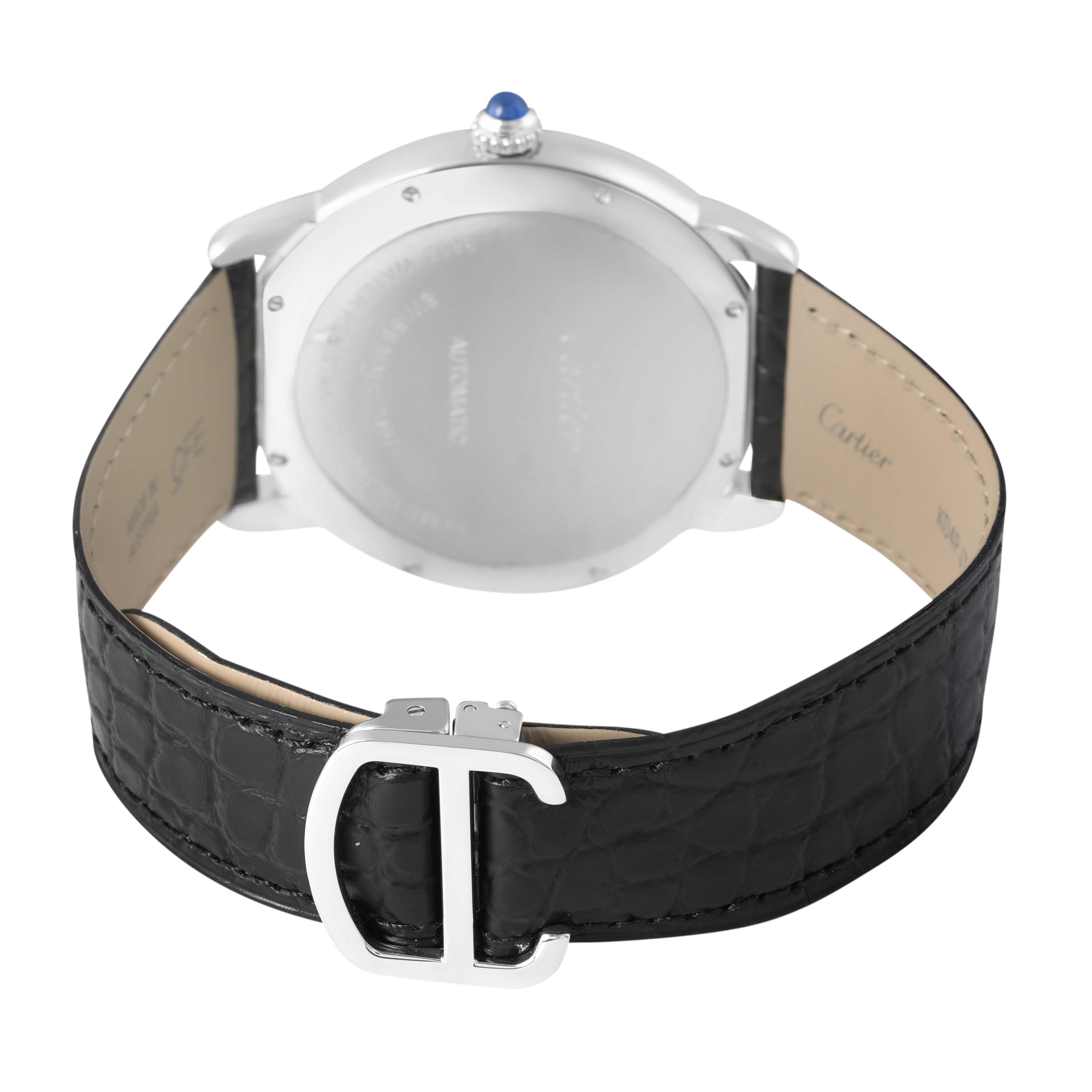 The image shows the back of the Cartier Ronde W6701010 Men's Stainless Steel Silver Dial model, highlighting the clasp and black leather strap.