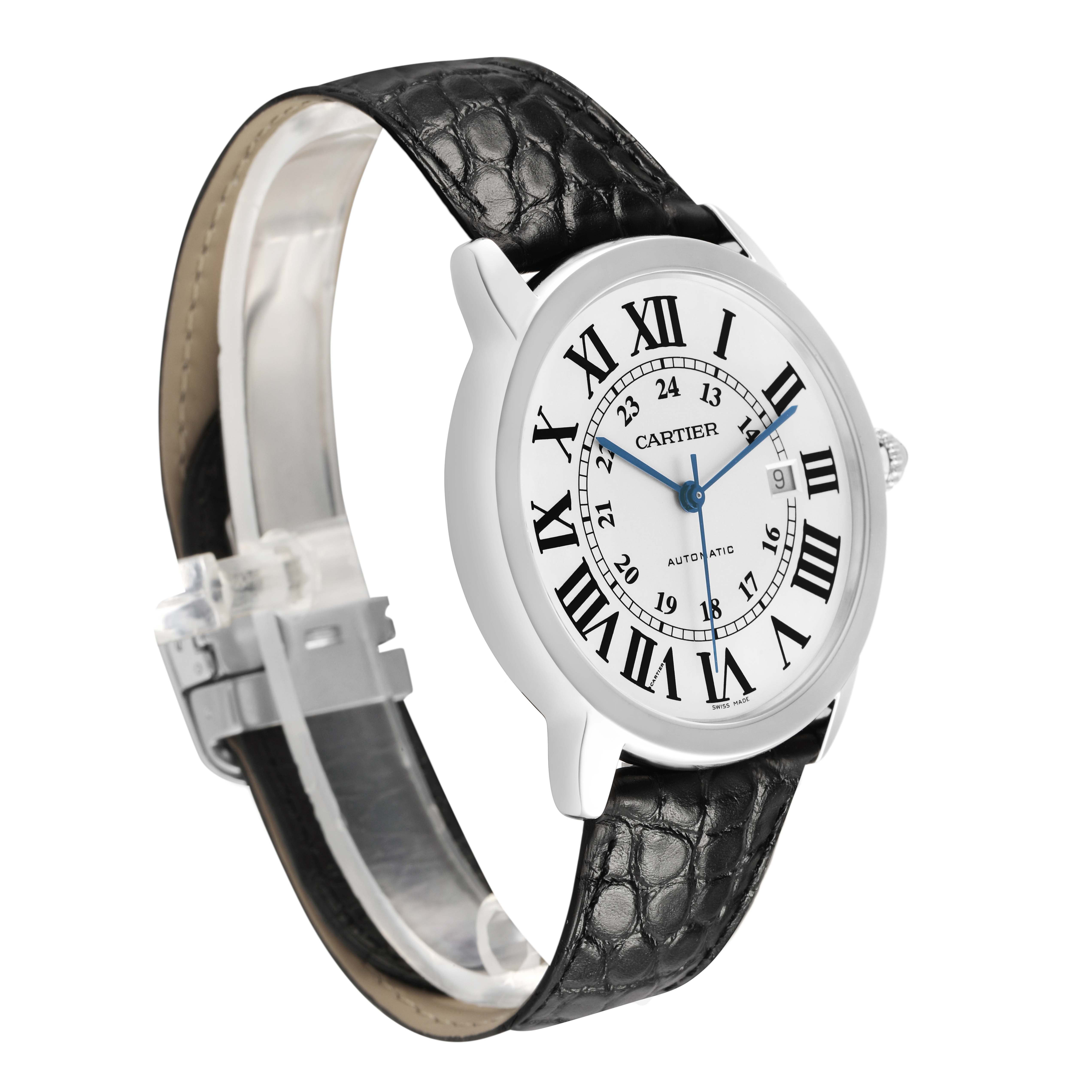 The Cartier Ronde W6701010 Men's Stainless Steel Silver Dial watch is shown at a slight angled side view, displaying its round face, Roman numerals, and black leather strap.