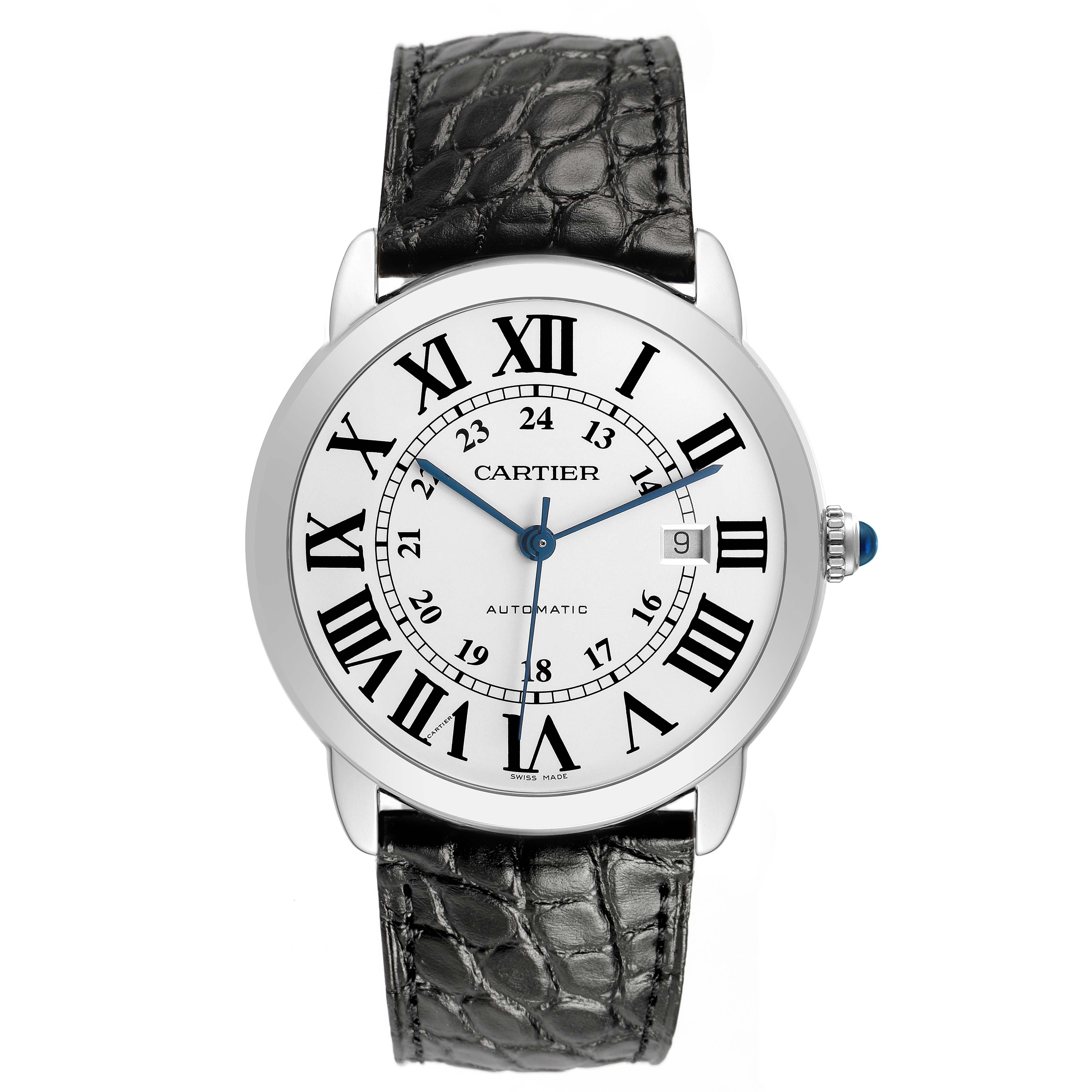 The Cartier Ronde W6701010 Men's Stainless Steel Silver Dial watch is shown from a front angle, displaying its dial, Roman numerals, and black leather strap.