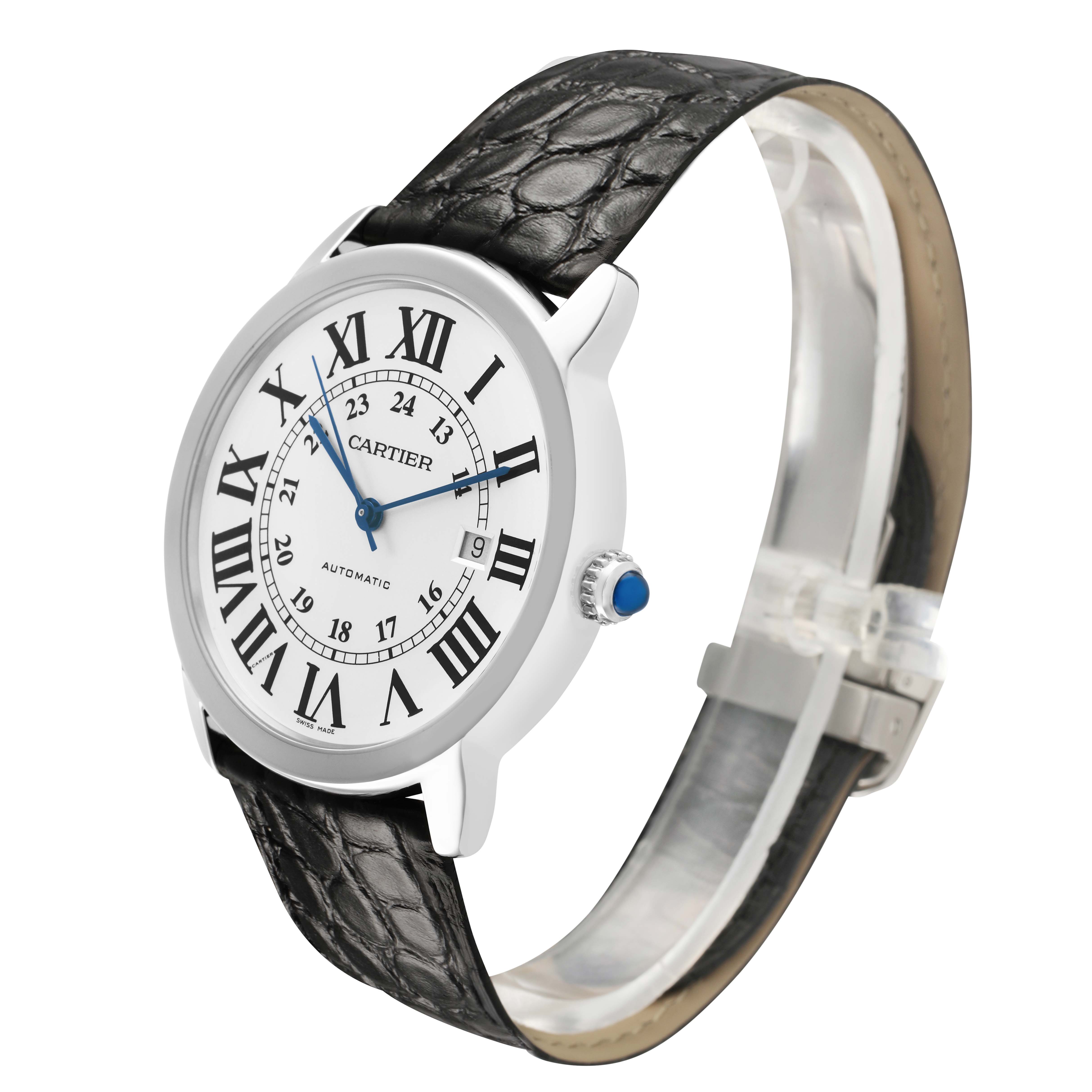 The Cartier Ronde W6701010 Men's Stainless Steel Silver Dial watch is shown at a three-quarter angle, displaying the face, black Roman numerals, blue hands, and leather strap.