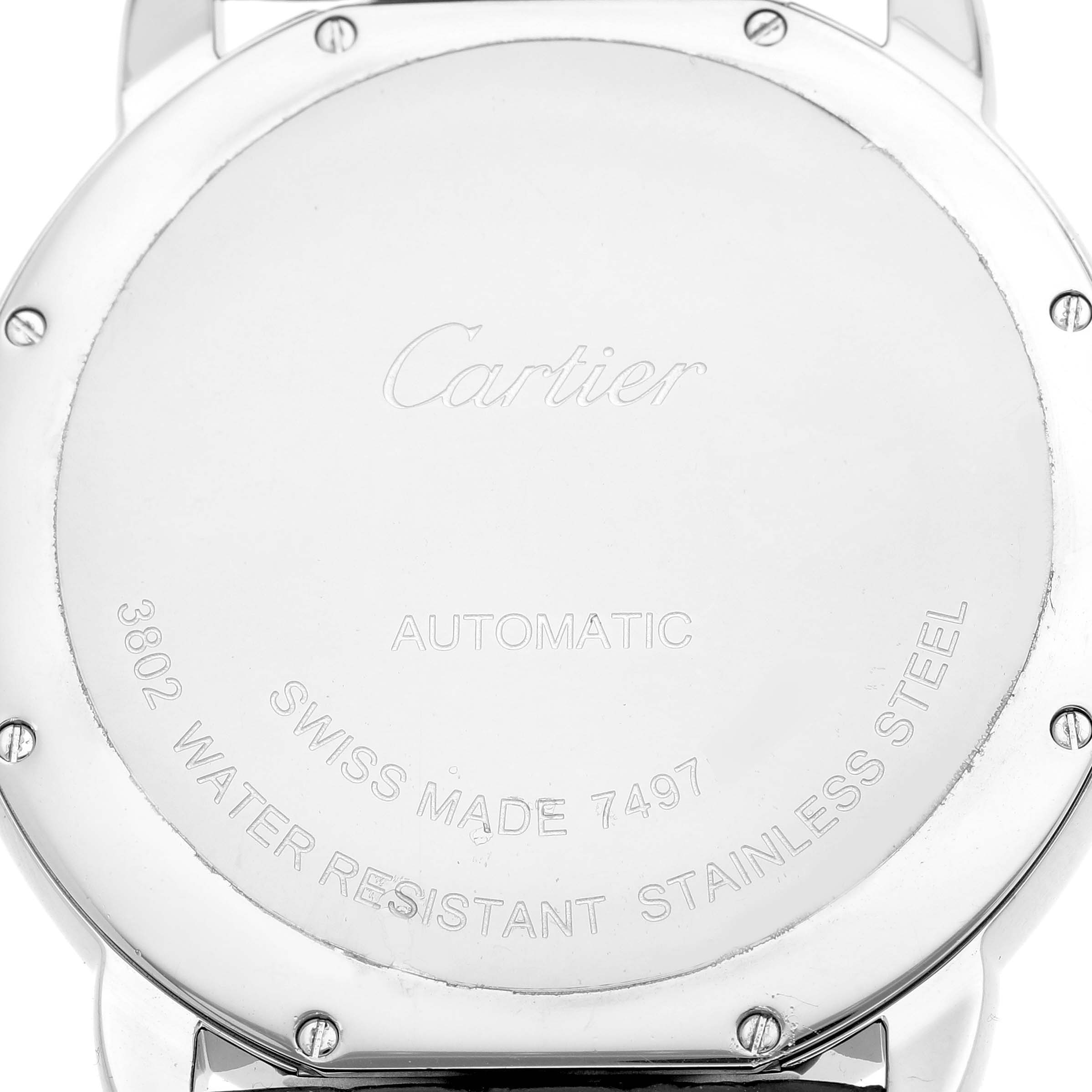 The image shows the back of the Cartier Ronde W6701010 Men's Stainless Steel Silver Dial watch, featuring engraved details about the model and specifications.