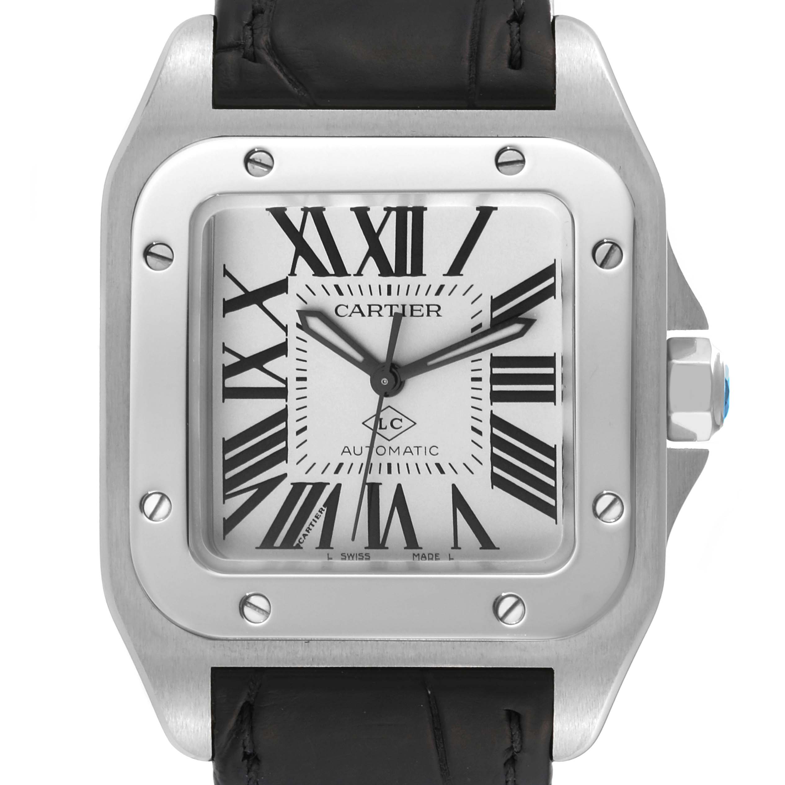 This is a front view of the Cartier Santos WSSA0008 Men
s Stainless Steel Silver Dial WSSA0008 Men
s Stainless Steel Silver Dial watch, showing its square face, Roman numerals, and leather strap.