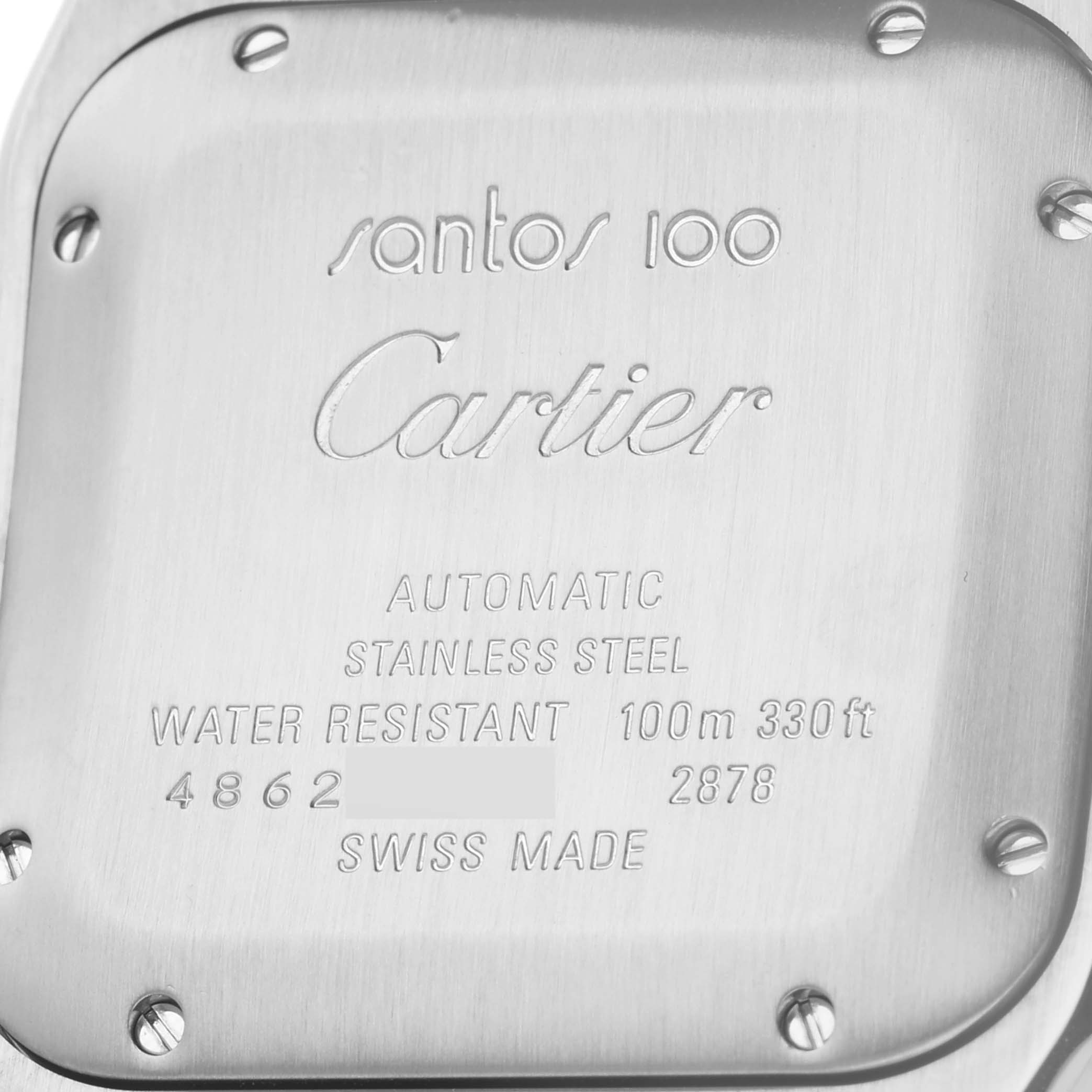 The image shows the back case of a Santos model by Cartier, highlighting details like water resistance, material, and serial number.