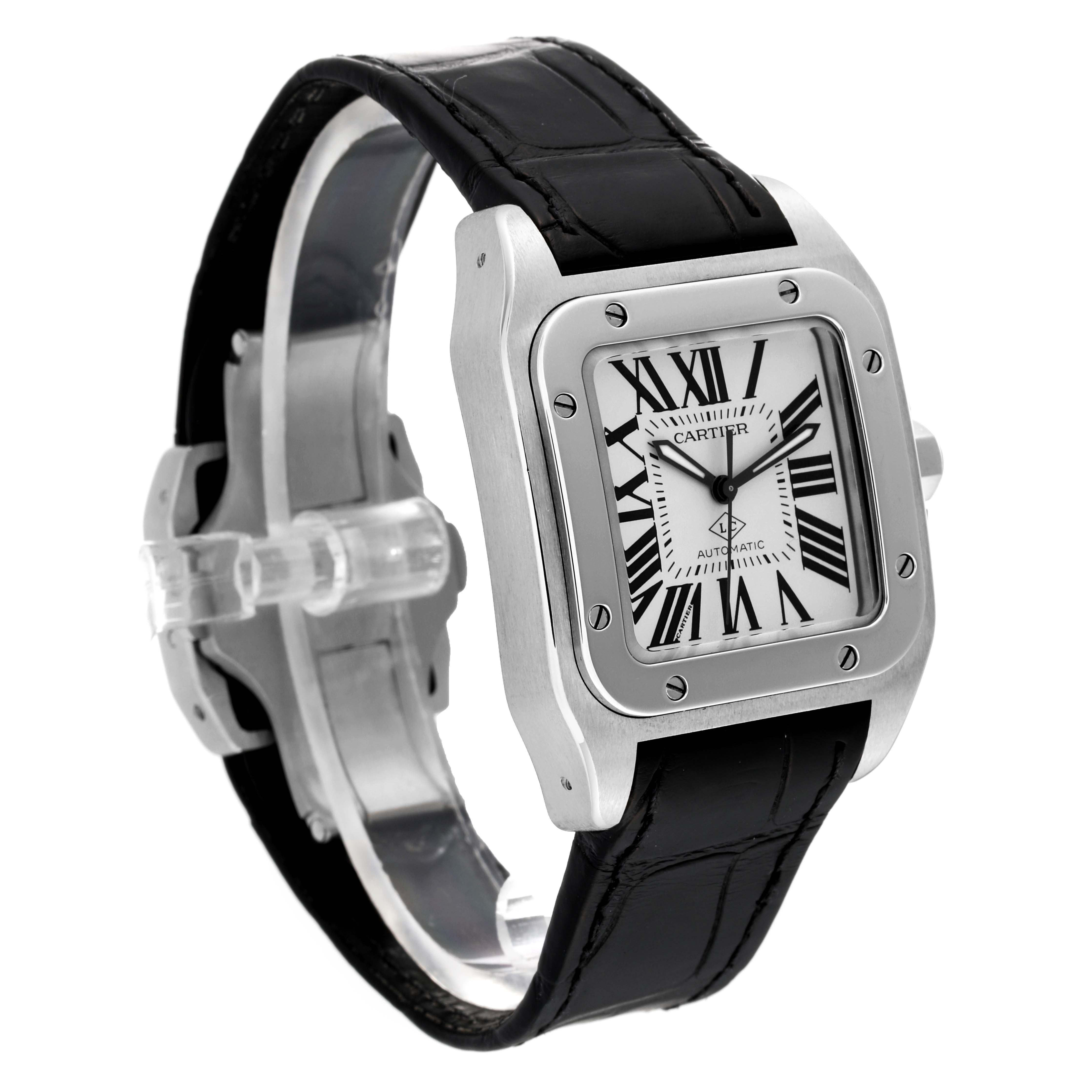The Cartier Santos WSSA0008 Men
s Stainless Steel Silver Dial WSSA0008 Men
s Stainless Steel Silver Dial watch is shown from an angled side view, displaying its face, bezel, leather strap, and buckle clasp.