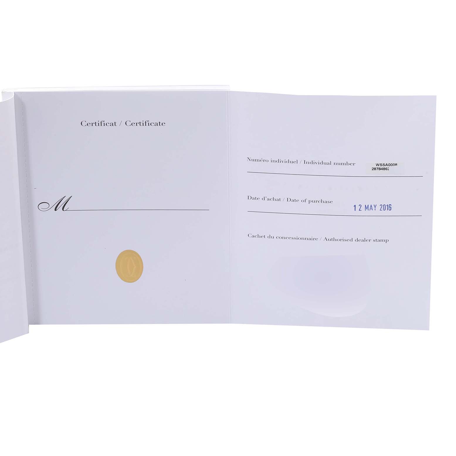 The image shows an open certificate booklet for a Santos model by Cartier, displaying the date of purchase and individual number.