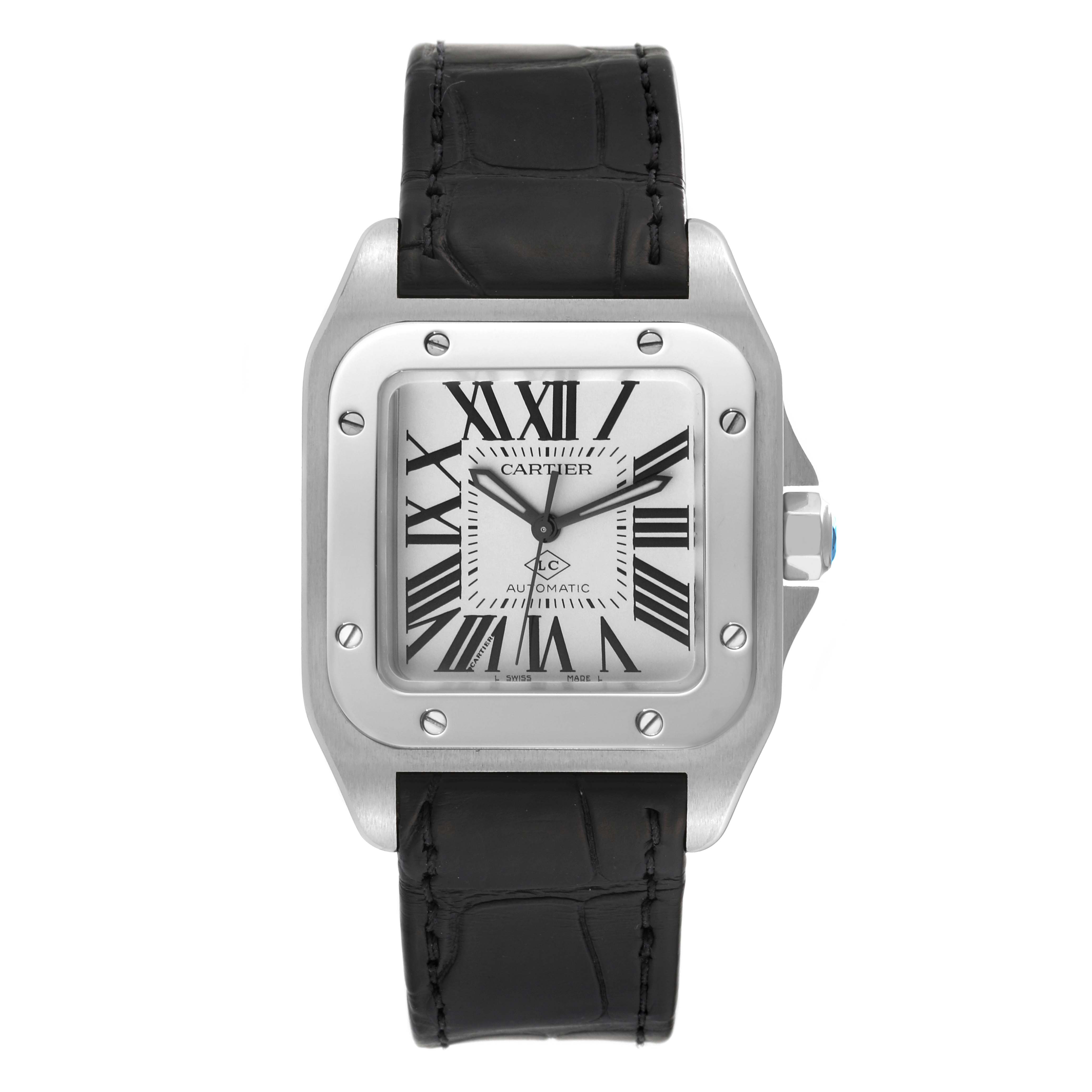 The image shows a front view of the Cartier Santos WSSA0008 Men
s Stainless Steel Silver Dial WSSA0008 Men
s Stainless Steel Silver Dial model watch, displaying the face, bezel, and black leather strap.
