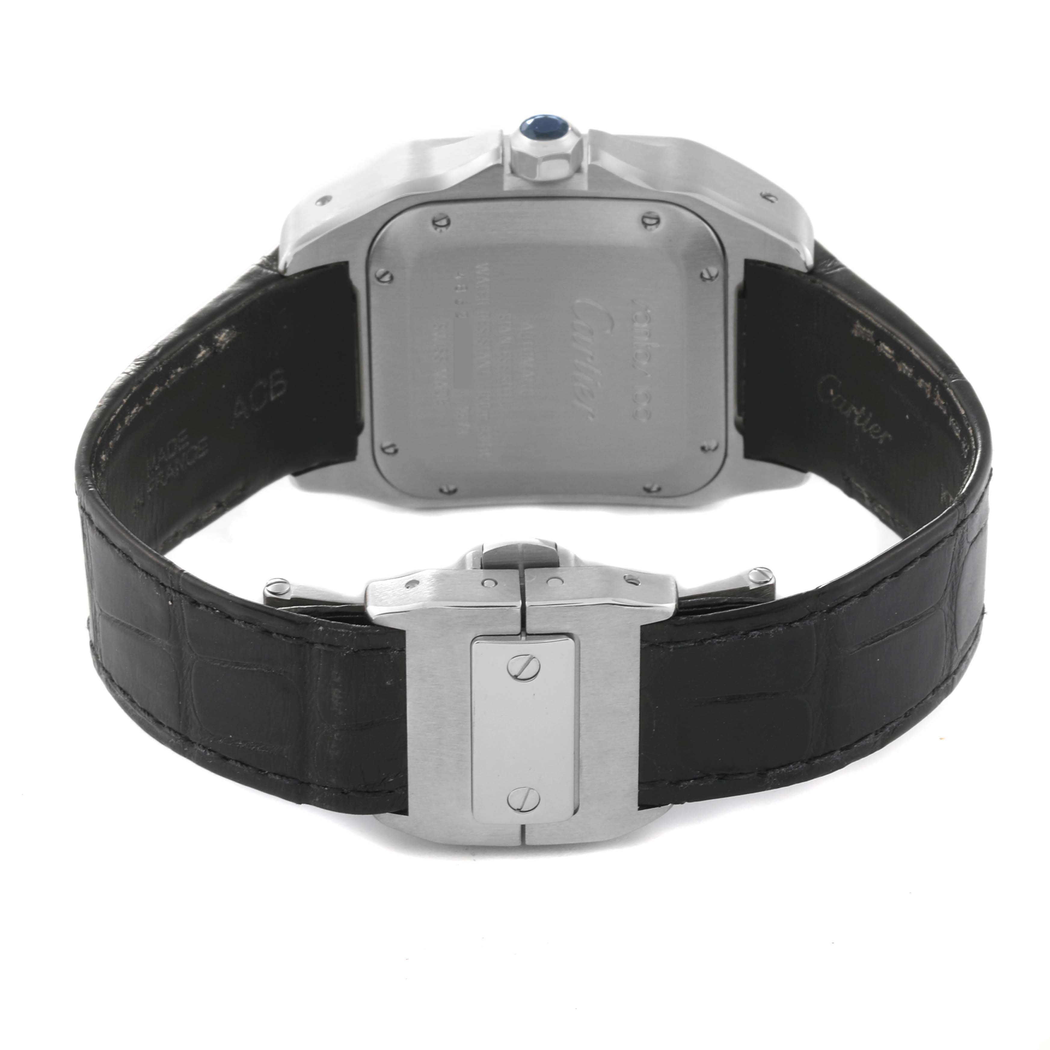 The image shows the back view of the Cartier Santos WSSA0008 Men
s Stainless Steel Silver Dial WSSA0008 Men
s Stainless Steel Silver Dial watch, highlighting its case back, strap, and clasp.