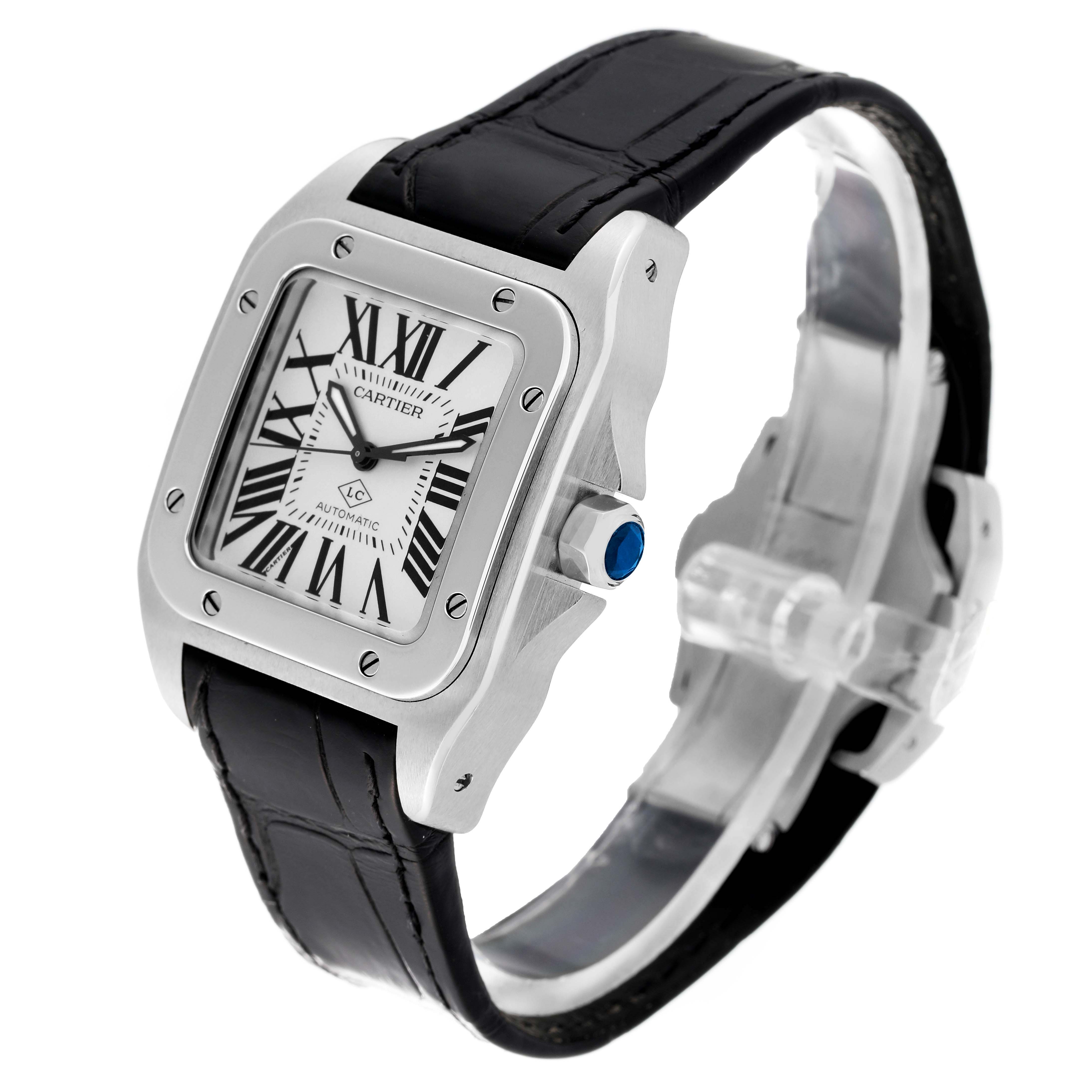 The image shows a Santos model by Cartier watch from a three-quarter angle, highlighting its face, case, crown, and strap.