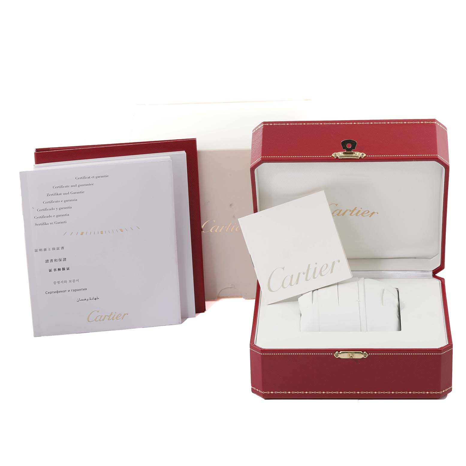 This image showcases the packaging, warranty booklets, and box of a Cartier Santos WSSA0008 Men
s Stainless Steel Silver Dial WSSA0008 Men
s Stainless Steel Silver Dial watch.