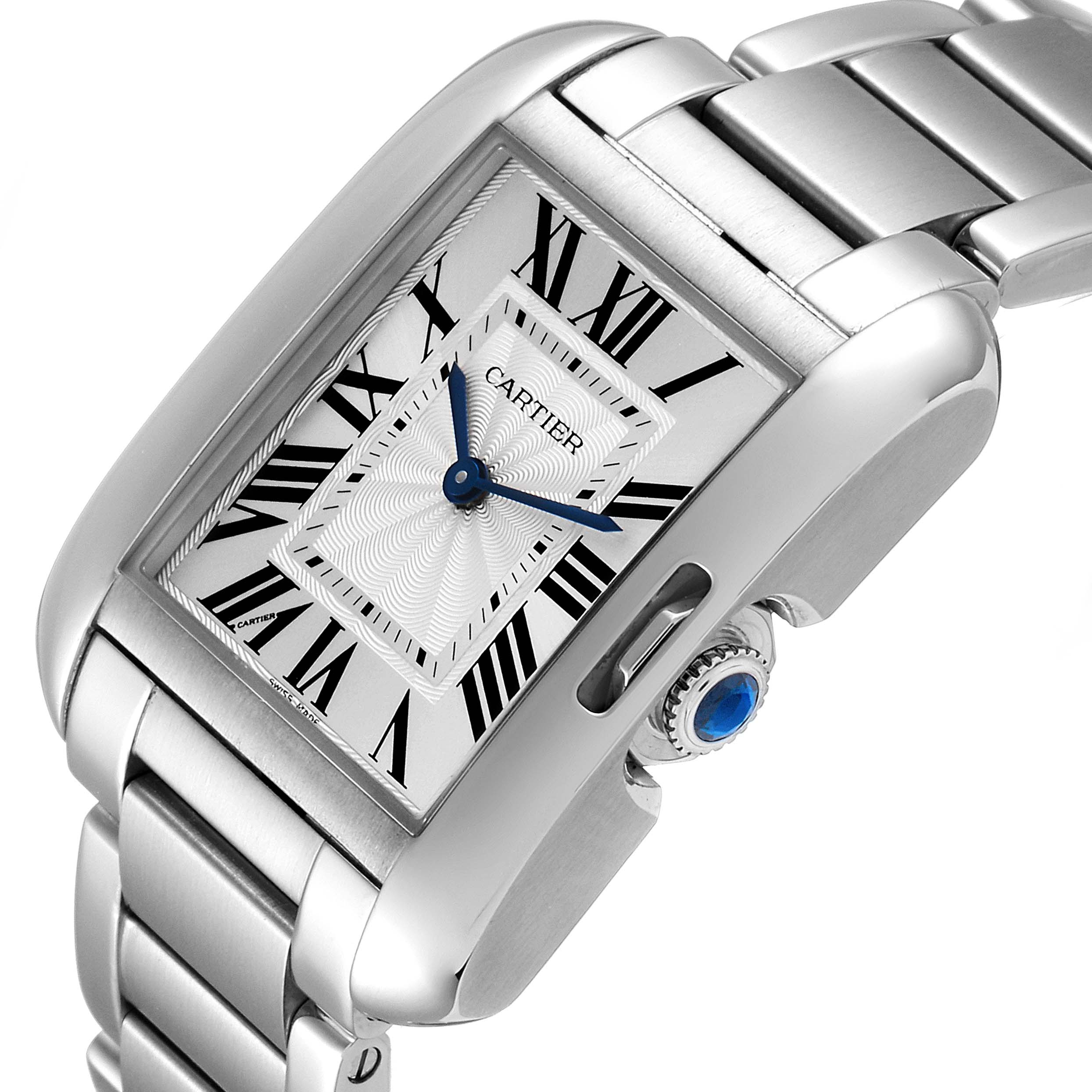 This image shows a close-up angled view of the Cartier Tank Anglaise W5310022 Women's Stainless Steel Silver Dial W5310022 Women's Stainless Steel Silver Dial watch, highlighting its face, bracelet, and crown.