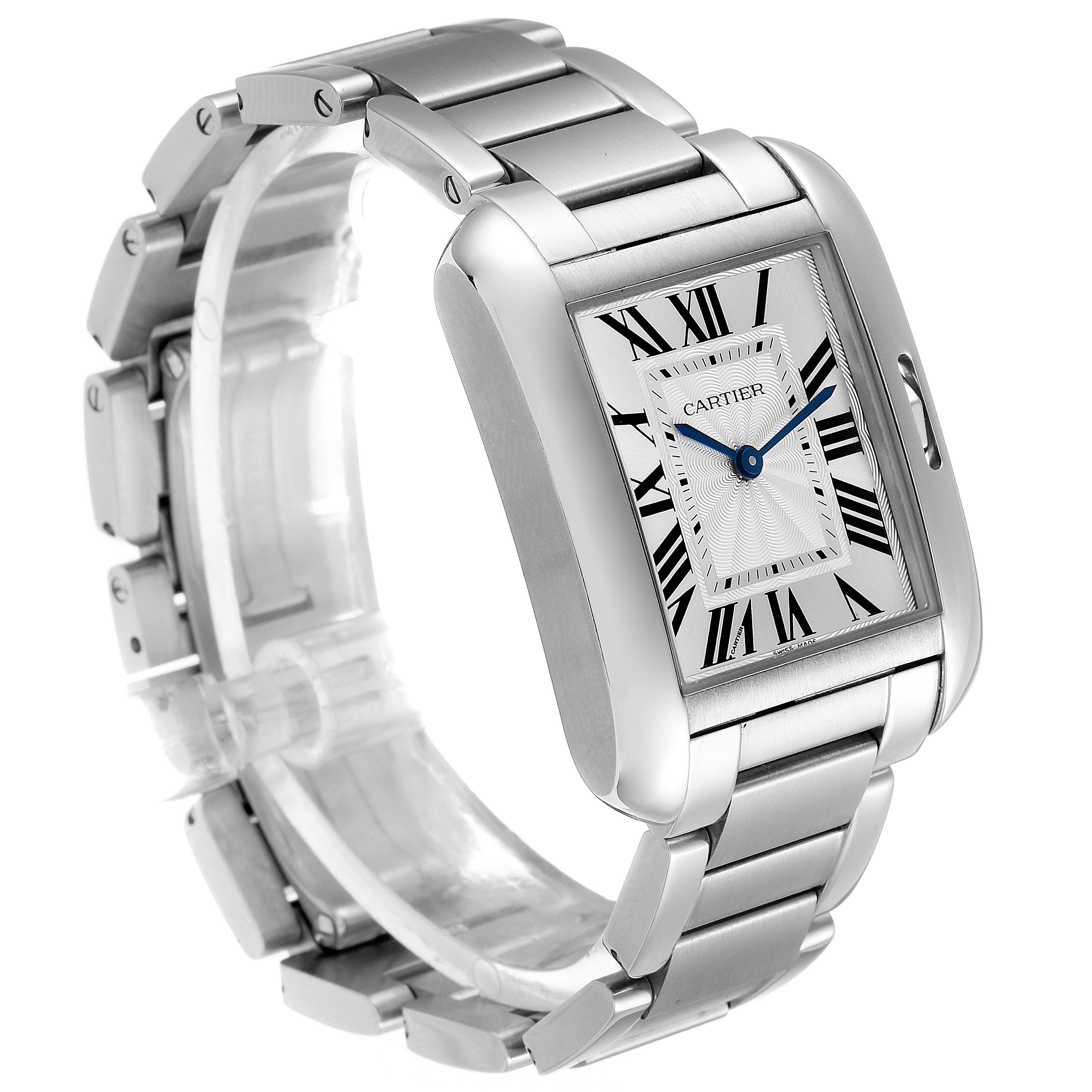 This image shows a Cartier Tank Anglaise W5310022 Women's Stainless Steel Silver Dial W5310022 Women's Stainless Steel Silver Dial watch at an angled side view, highlighting the face, bracelet, and case.