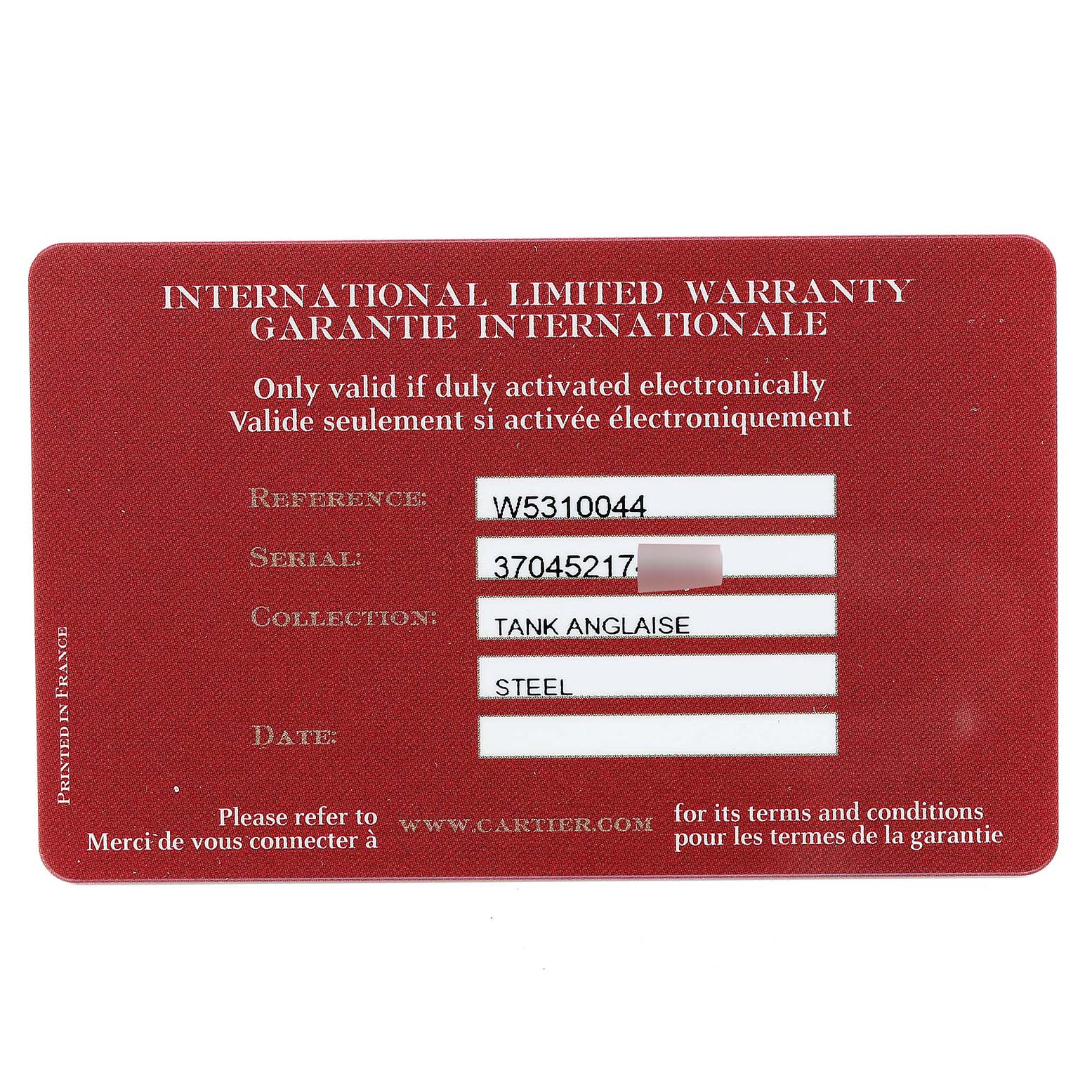 This image shows the international limited warranty card for a Cartier Tank Anglaise W5310022 Women's Stainless Steel Silver Dial W5310022 Women's Stainless Steel Silver Dial watch.