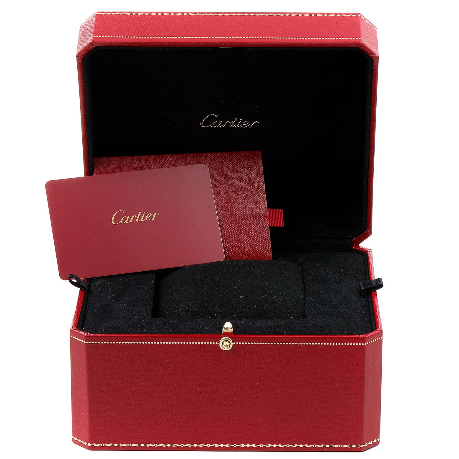 The image shows an open Cartier watch box for the Tank Anglaise model, including a red Cartier card and a cushion interior.
