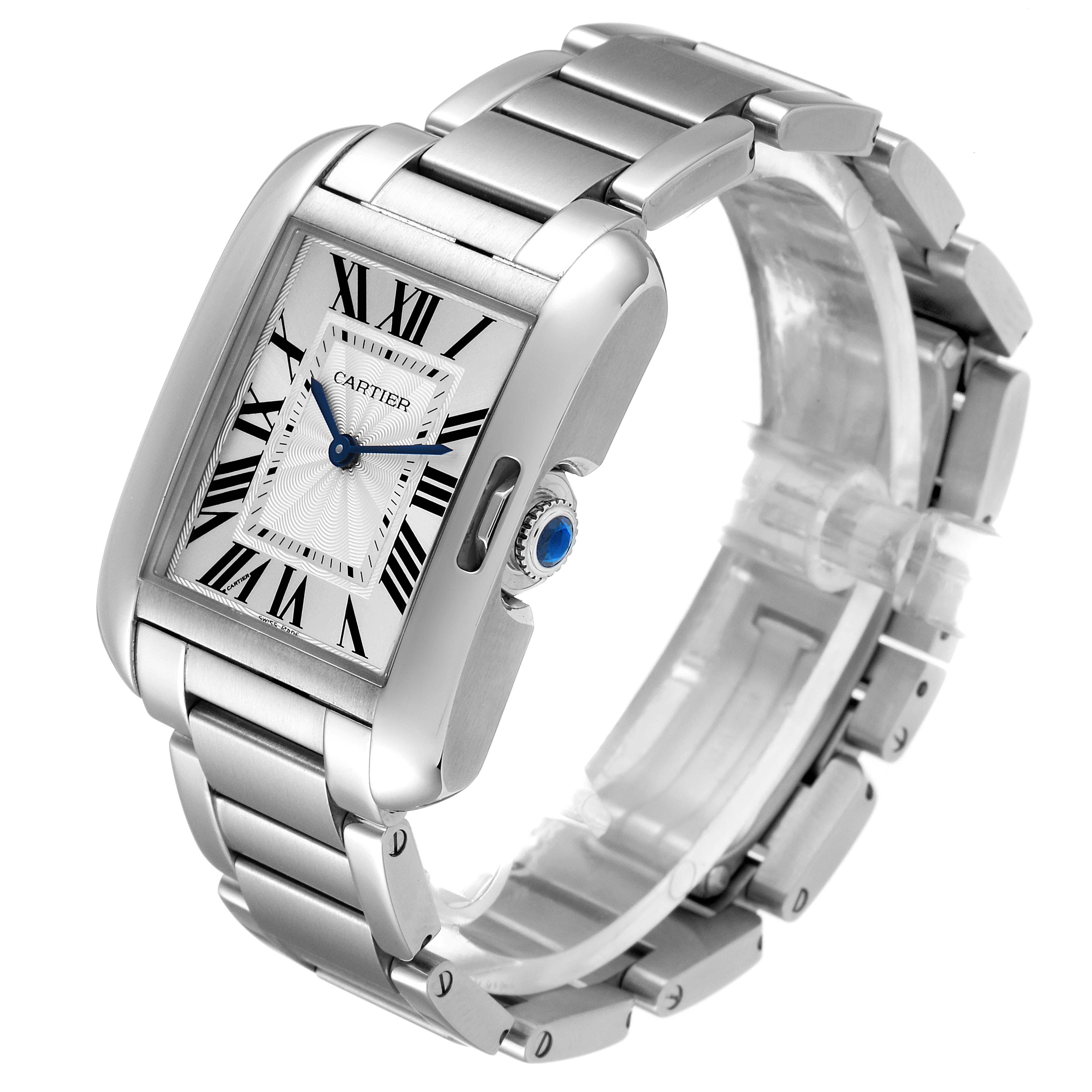 The Cartier Tank Anglaise W5310022 Women's Stainless Steel Silver Dial W5310022 Women's Stainless Steel Silver Dial watch is shown at a three-quarter angle, highlighting its face, crown, and metal bracelet.