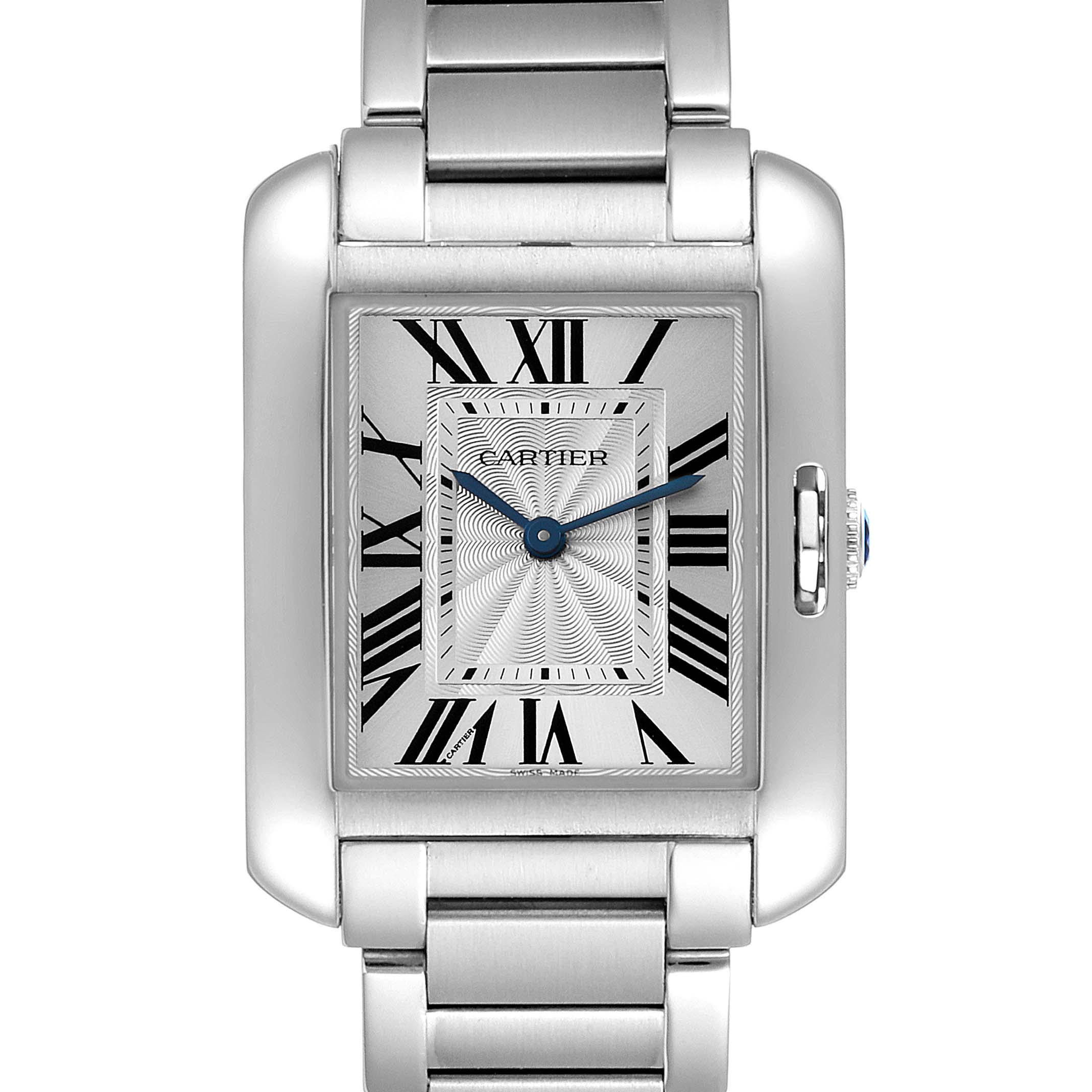 The image shows a frontal view of the Cartier Tank Anglaise W5310022 Women's Stainless Steel Silver Dial W5310022 Women's Stainless Steel Silver Dial watch, highlighting its rectangular dial, Roman numerals, and stainless steel bracelet.