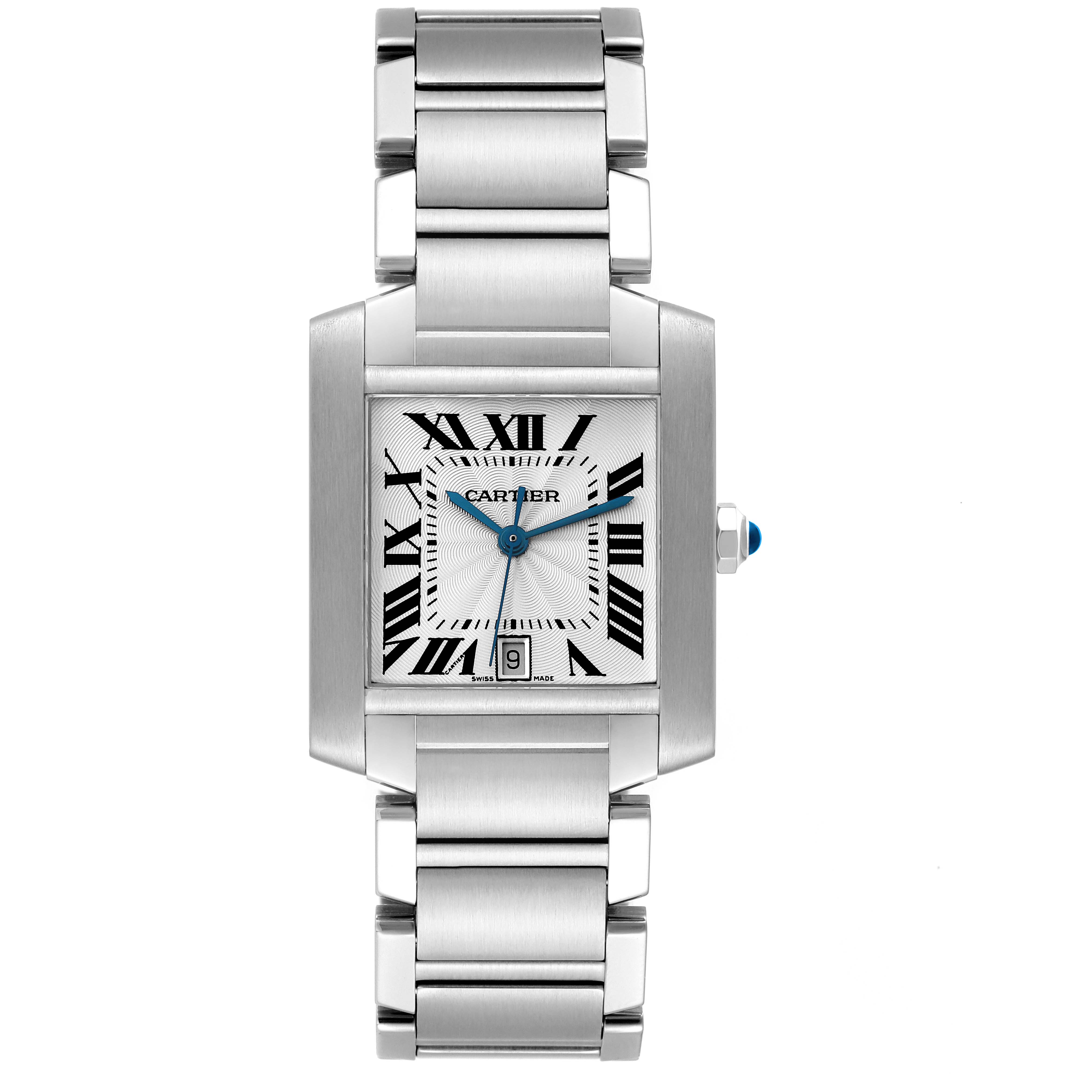 The image shows a full frontal view of the Cartier Tank Française watch, highlighting its face, bracelet, and crown.