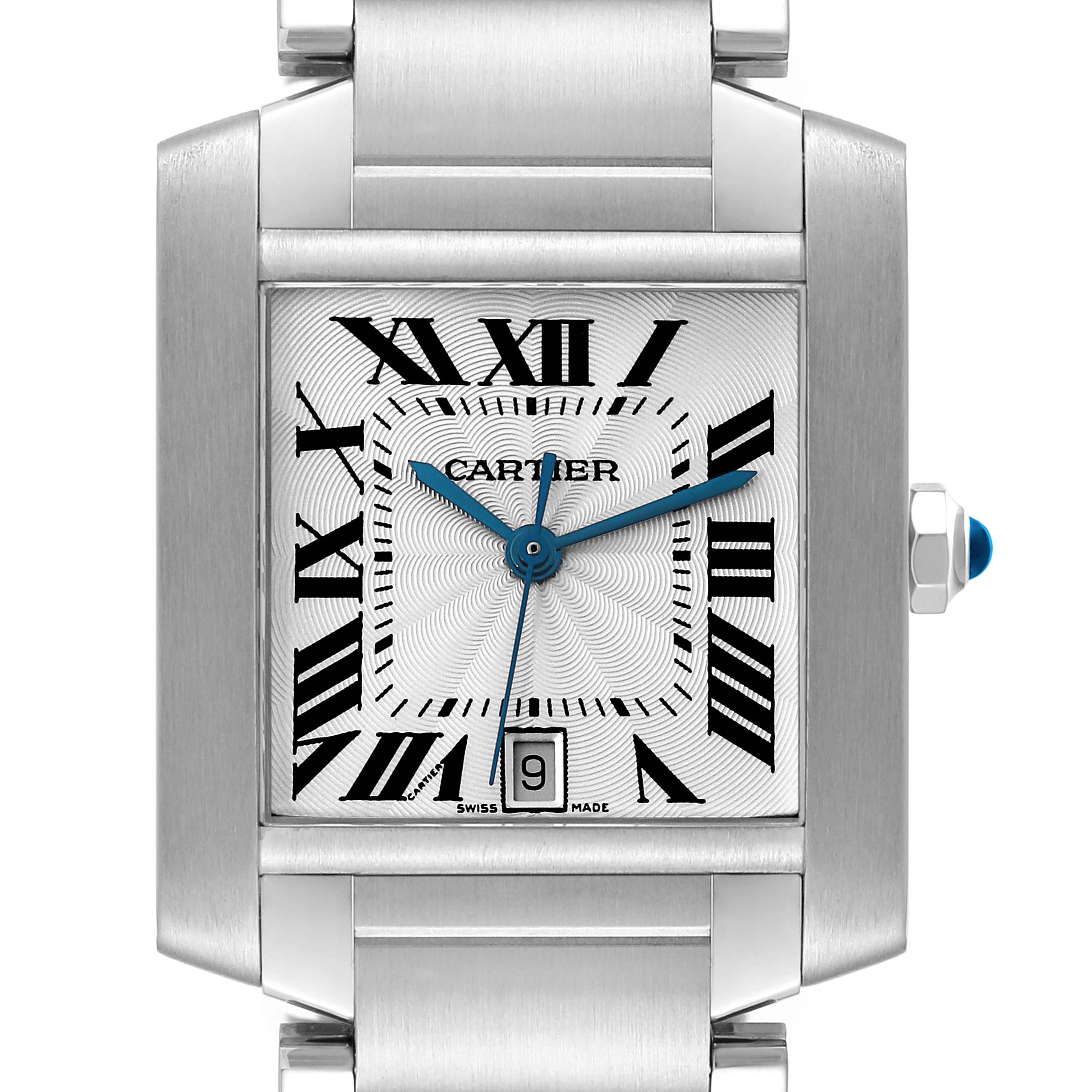 This image shows a close-up of the face and part of the bracelet of the Cartier Tank Francaise W51002Q3 Men
s Stainless Steel Silver Dial W51002Q3 Men
s Stainless Steel Silver Dial watch.