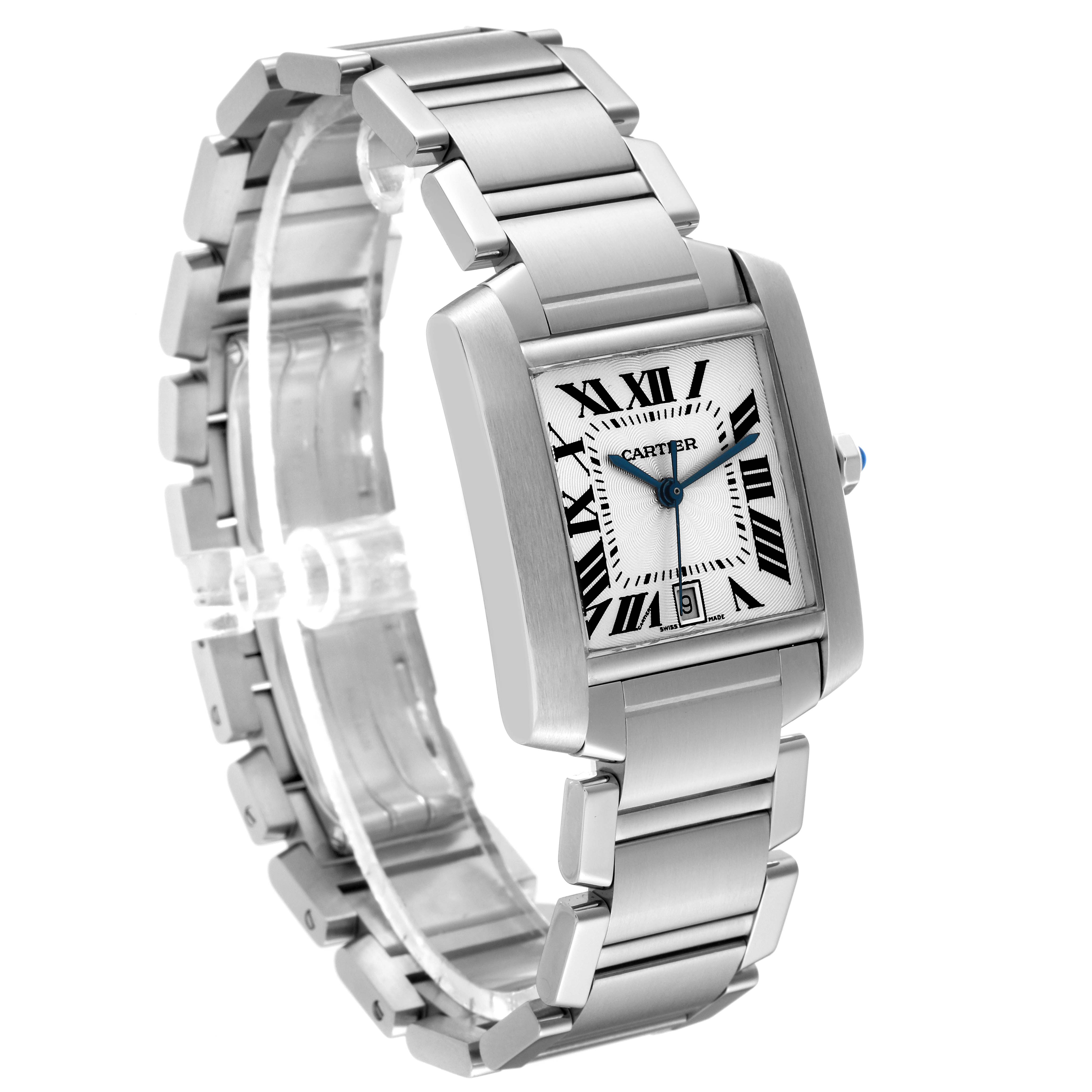 This image shows a Cartier Tank Francaise W51002Q3 Men
s Stainless Steel Silver Dial W51002Q3 Men
s Stainless Steel Silver Dial watch at a front angle, displaying its square dial and stainless-steel bracelet.
