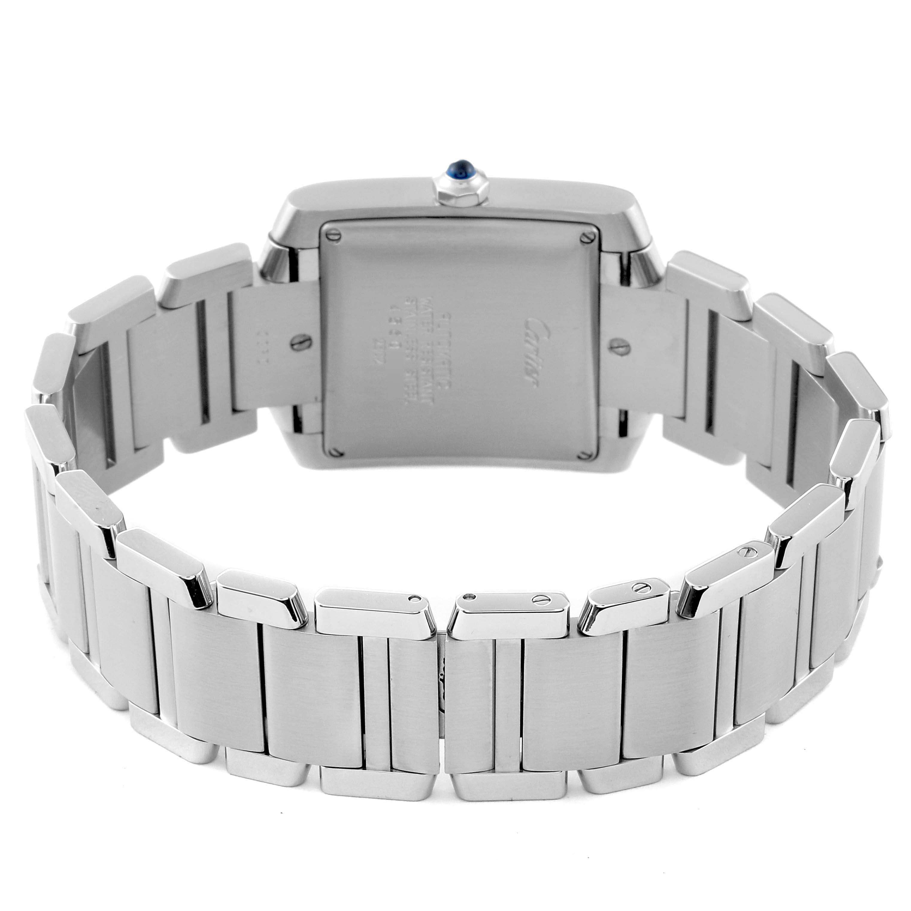 The image shows the back view of a Cartier Tank Francaise W51002Q3 Men
s Stainless Steel Silver Dial W51002Q3 Men
s Stainless Steel Silver Dial watch, highlighting its bracelet and the case back.