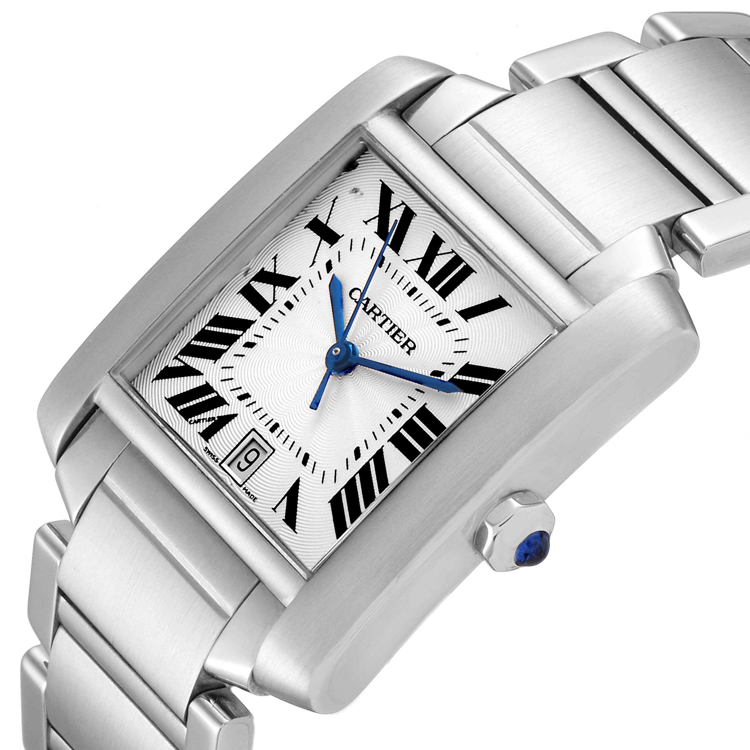 This Cartier Tank Française watch is shown from an angled view, highlighting its dial, bracelet, and crown with blue detailing.