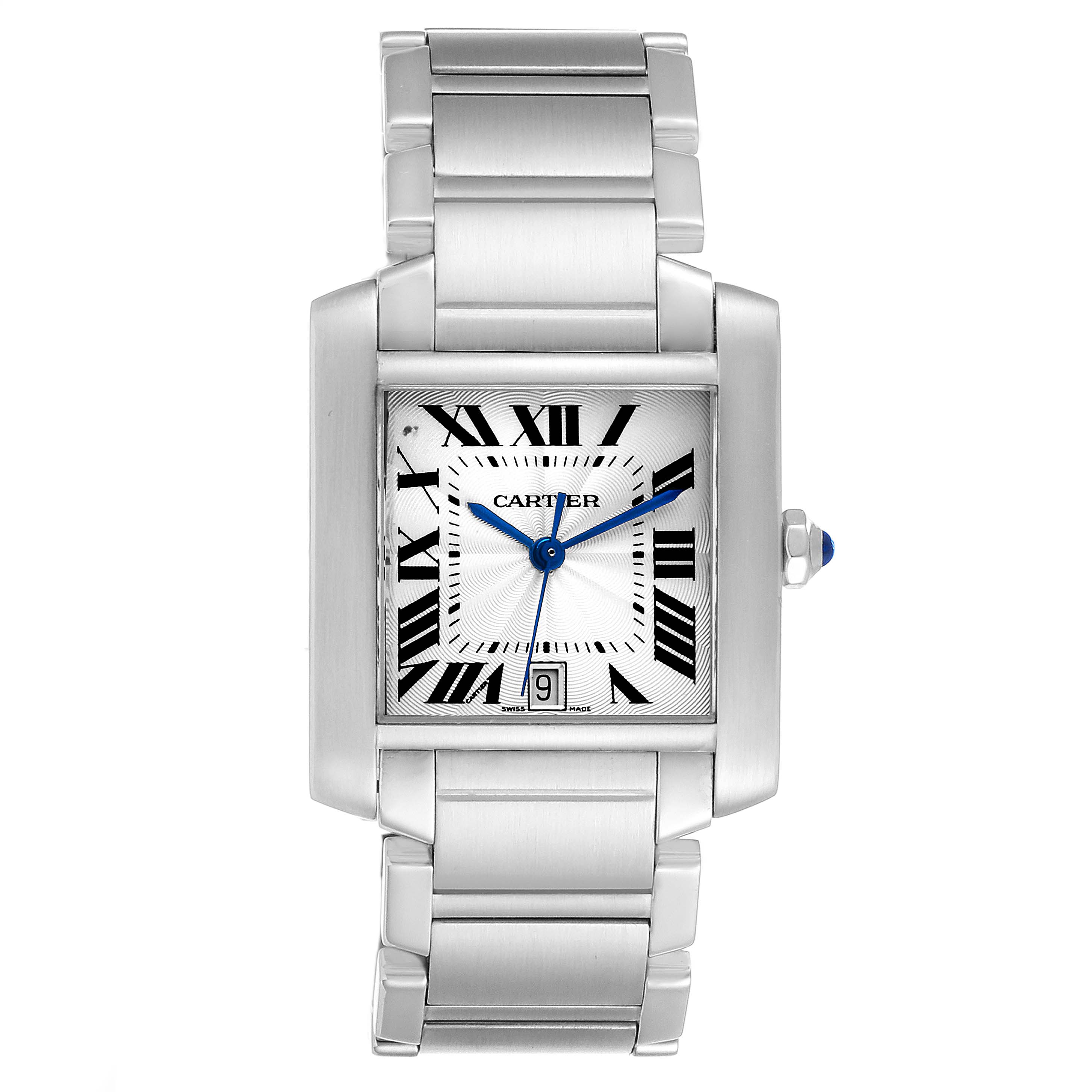 The image shows a Cartier Tank Francaise W51002Q3 Men's Stainless Steel Silver Dial W51002Q3 Men's Stainless Steel Silver Dial watch in a front-facing view, highlighting the face, case, and metal bracelet.