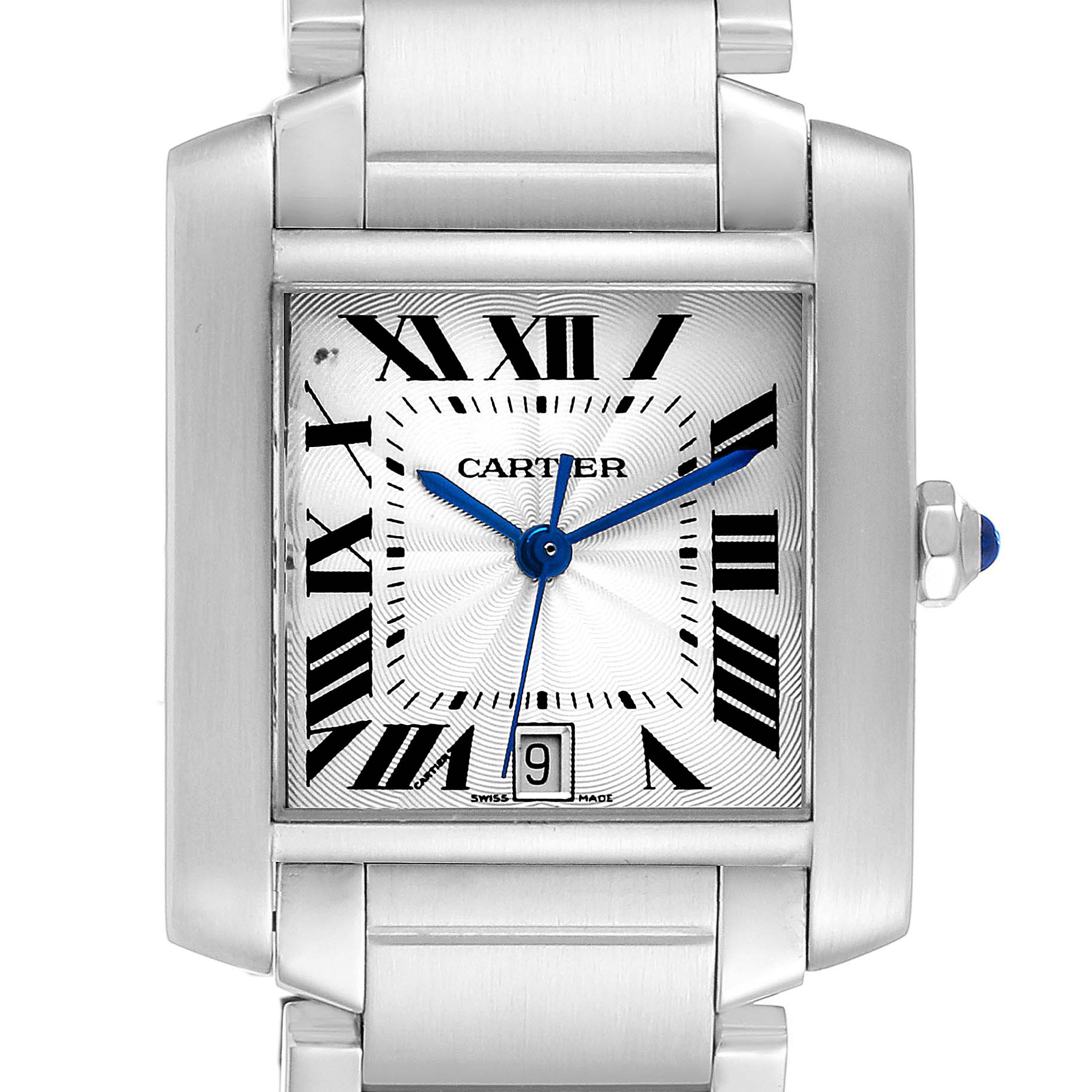 This image shows a front view of the Cartier Tank Française watch, highlighting its face, hands, date window, and part of the bracelet.