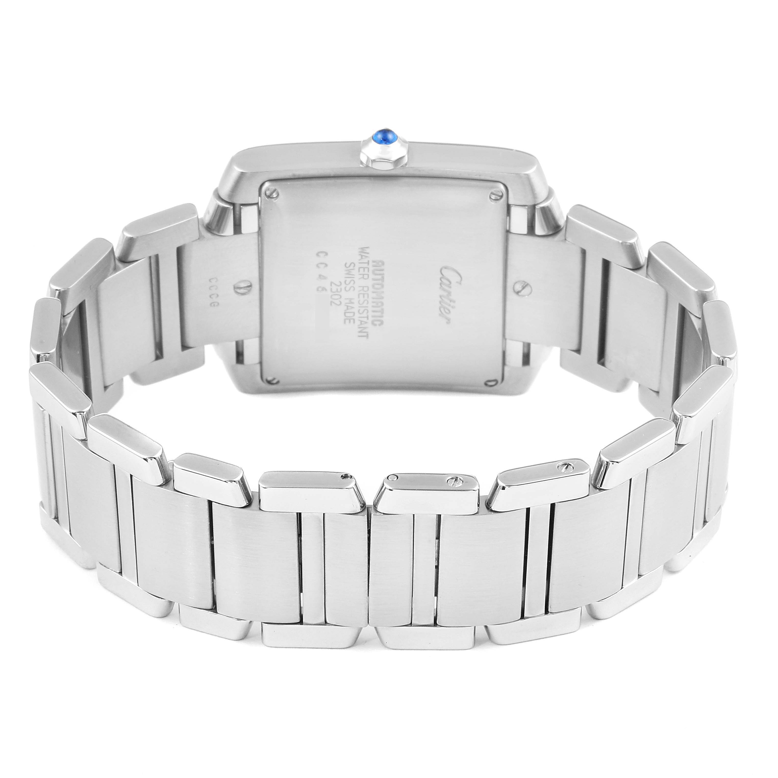 The image shows the back and bracelet of a Cartier Tank Francaise W51002Q3 Men's Stainless Steel Silver Dial W51002Q3 Men's Stainless Steel Silver Dial watch from a rear angle.